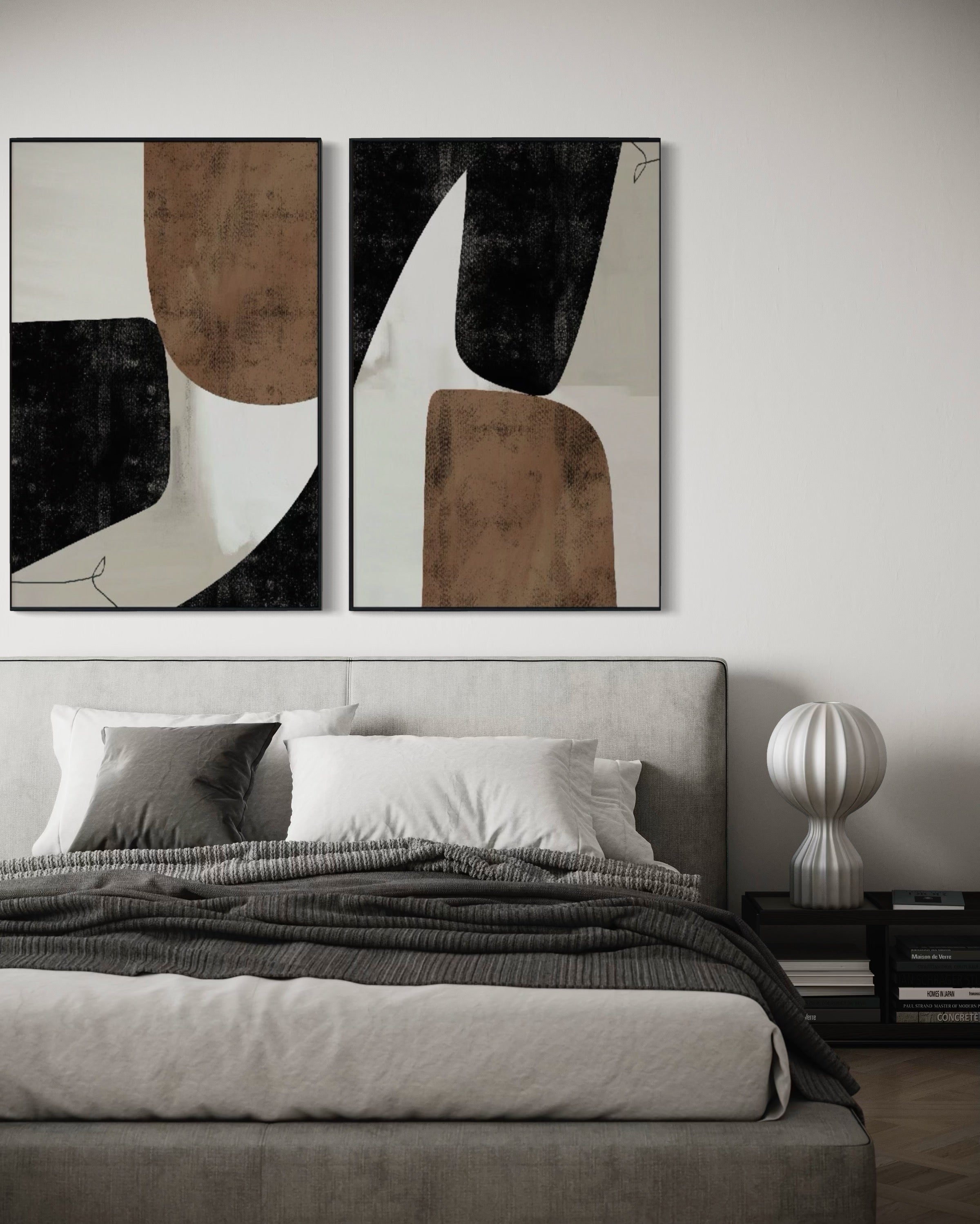 Set Cuadros Decorativos Abstracto Negro Arena 2 - 208 - Diptico Moderno y Elegante Estilo Nordico Boho en Tonos Neutros