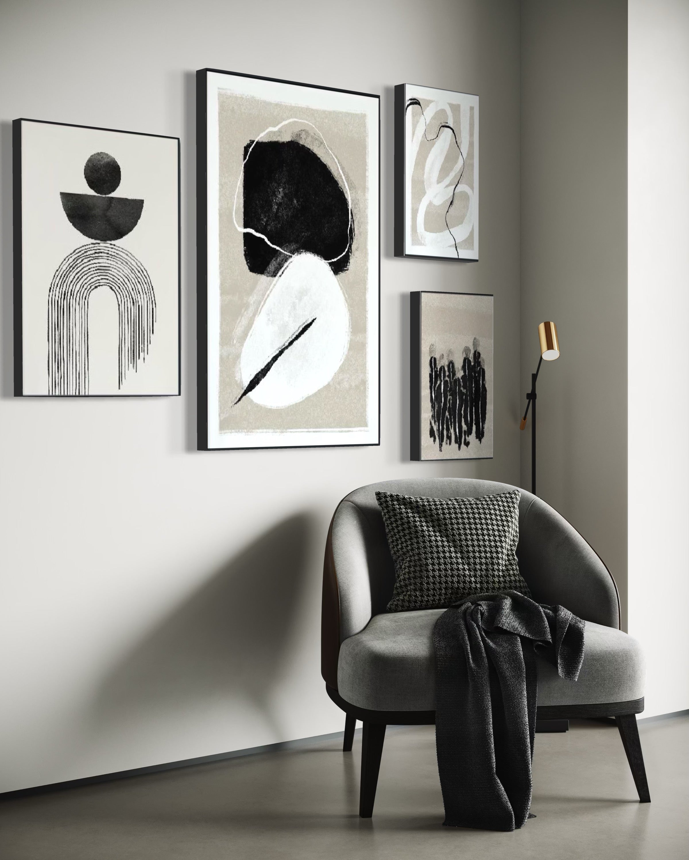 Set Cuadros Decorativos Abstracto Negro Arena 2 - 226B - 4piezas Arte Moderno y Elegante Estilo Nordico Boho en Tonos Neutros