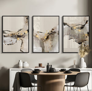 Set 3 Cuadros Decorativos Abstracto Negro Arena 076 abc - Triptico Moderno y Elegante Estilo Nordico en Negro, Beige y Dorado Oro