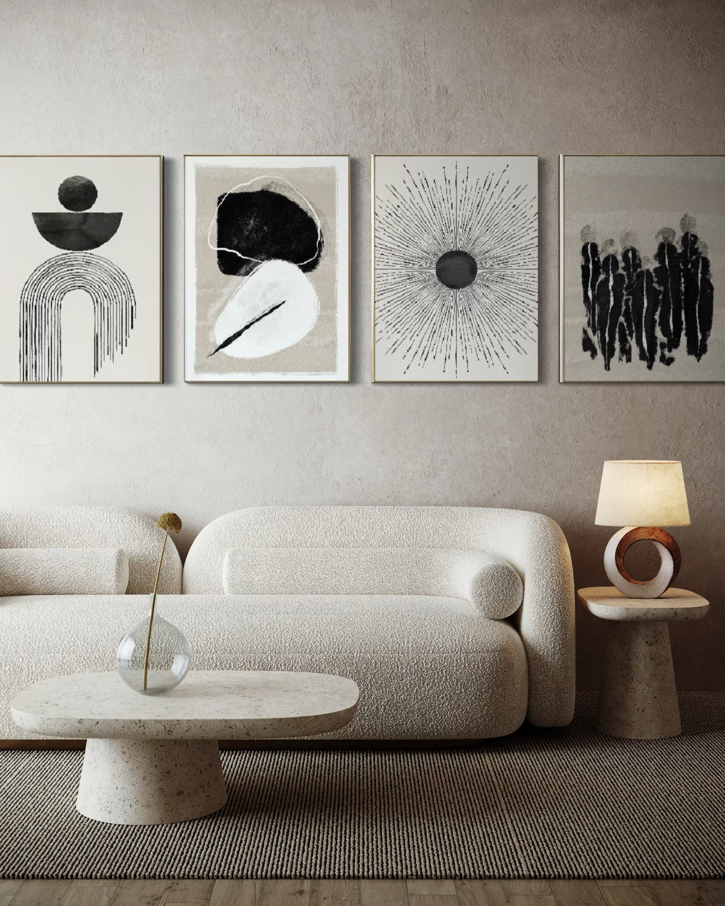 Set Cuadros Decorativos Abstracto Negro Arena 2 - 226C - 4piezas Arte Moderno y Elegante Estilo Nordico Boho en Tonos Neutros