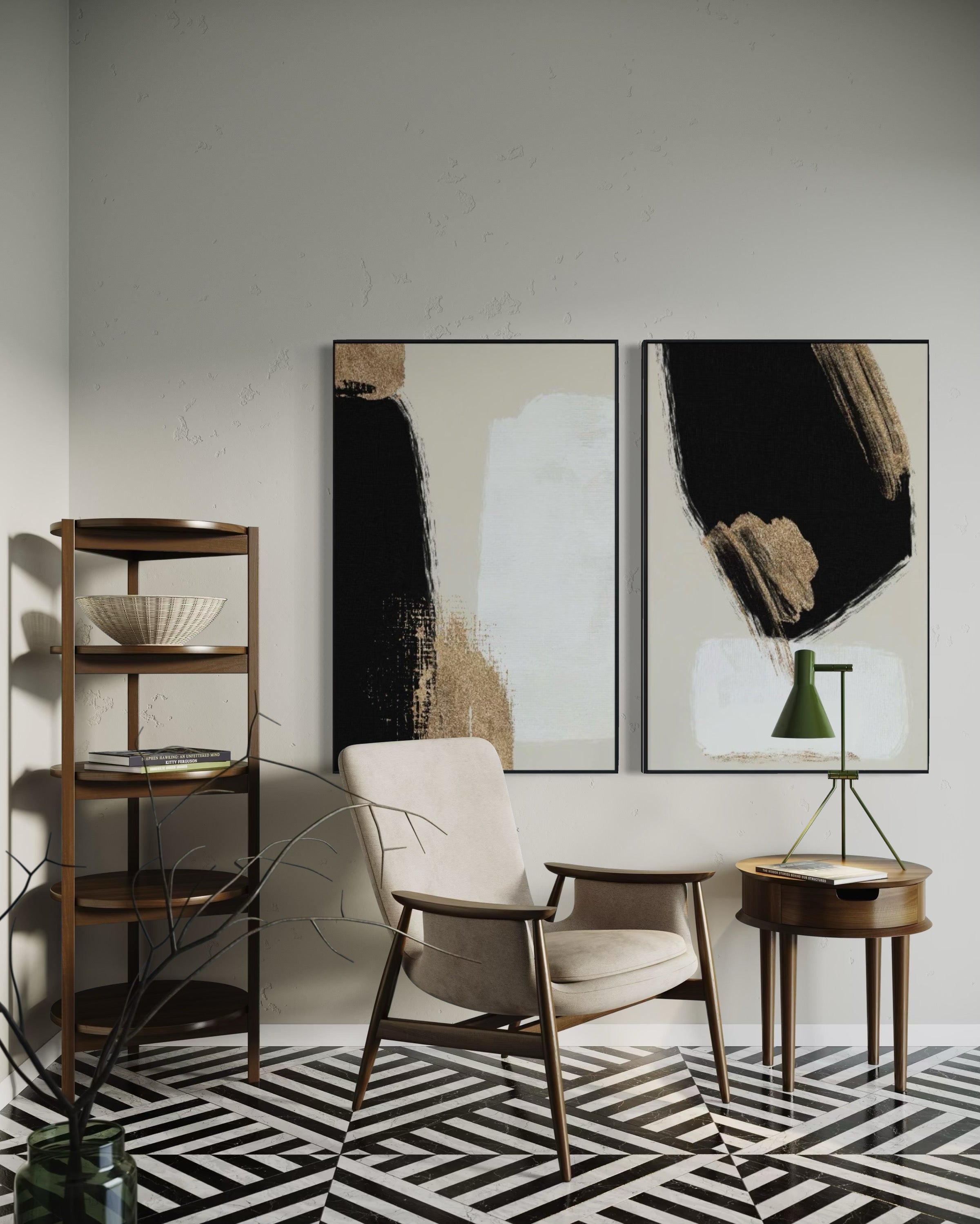 Set Cuadros Decorativos Abstracto Negro Arena 2 - 214 - Diptico Moderno y Elegante Arte Estilo Nordico en Tonos Neutros con Dorado Oro