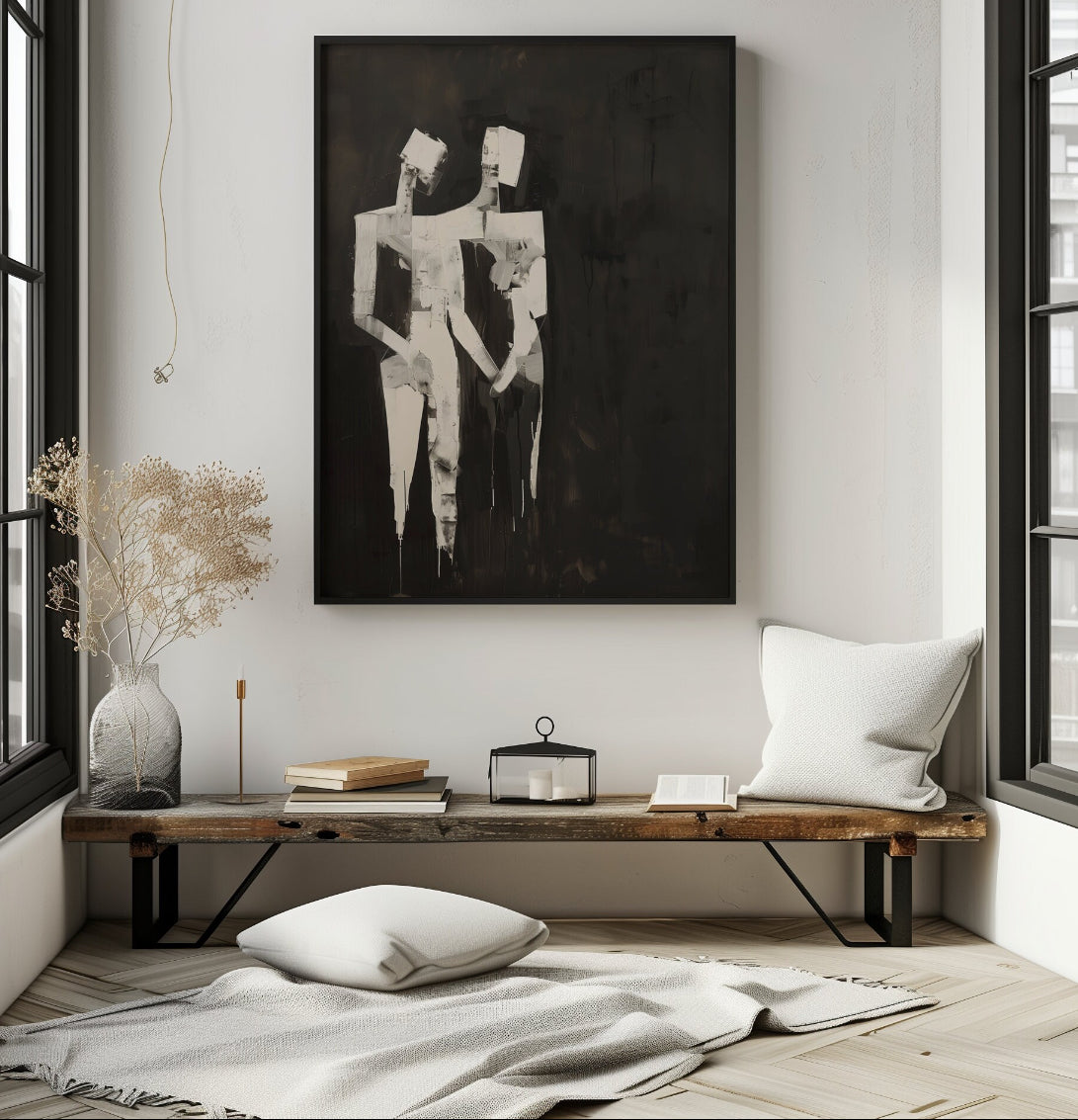 Cuadro Decorativo Abstracto Negro Arena 2-224 Siluetas de Pareja Arte Moderno y Minimalista en Beige y Negro Tonos Neutros