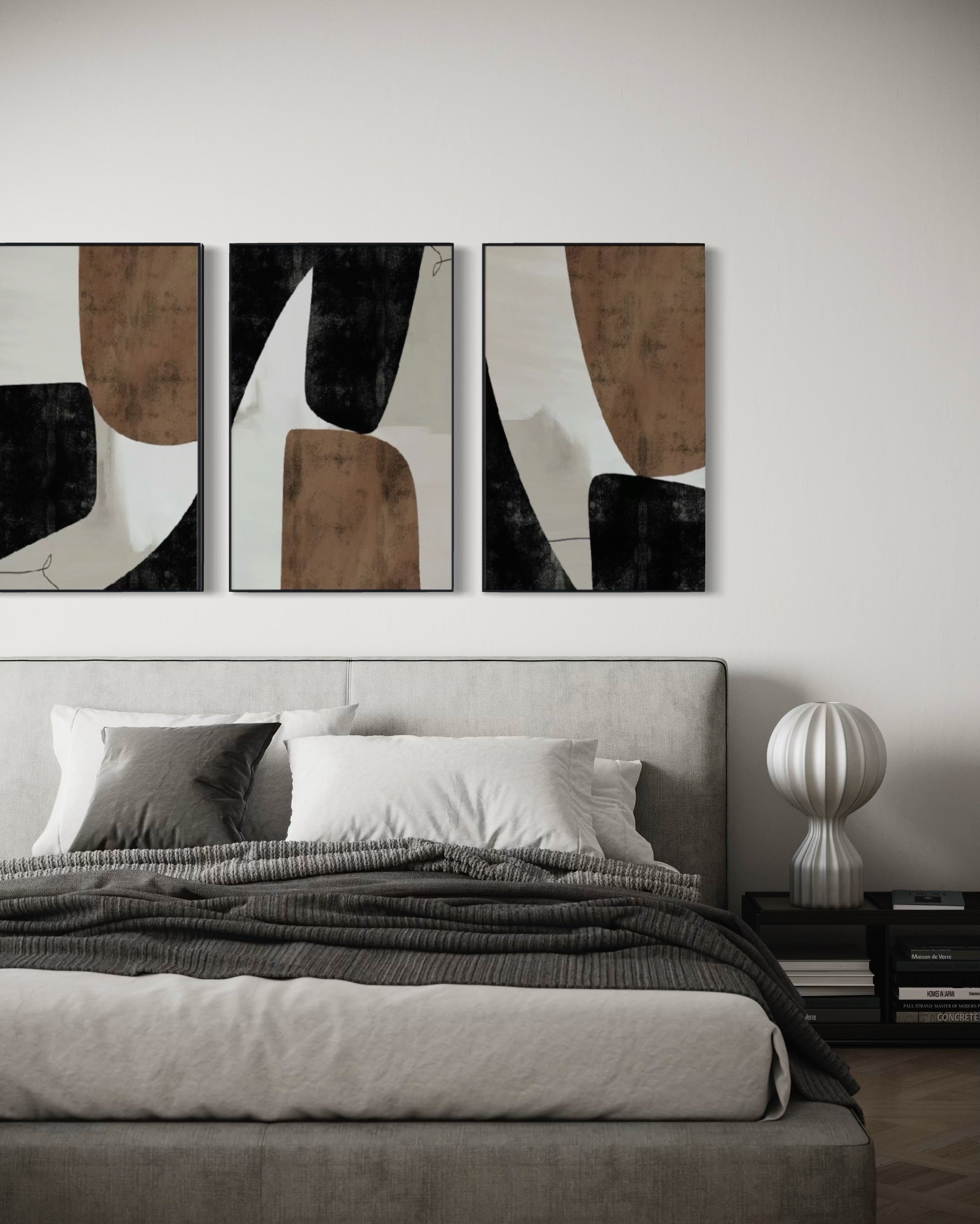 Set Cuadros Decorativos Abstracto Negro Arena 2-208 - Triptico Minimalista Estilo Nordico Arte Moderno y Elegante en Tonos Neutros