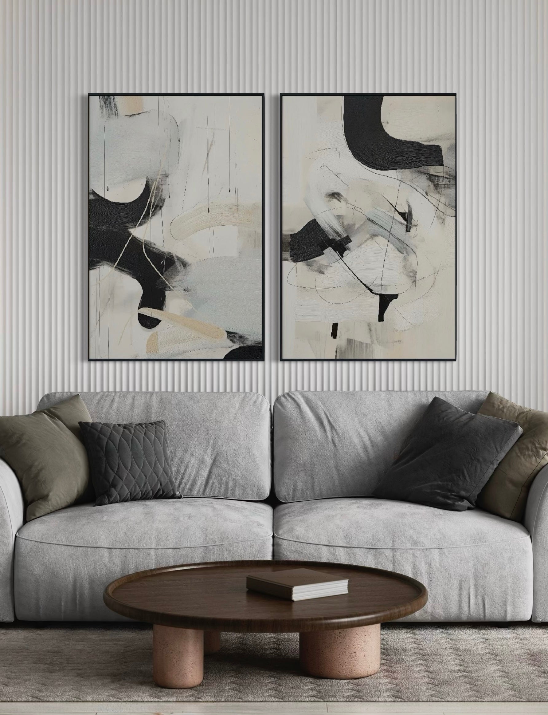 Set Cuadros Decorativos Abstracto Negro Arena 2 - 221 - Diptico Moderno Arte Minimalista Estilo Nordico Tonos Neutros