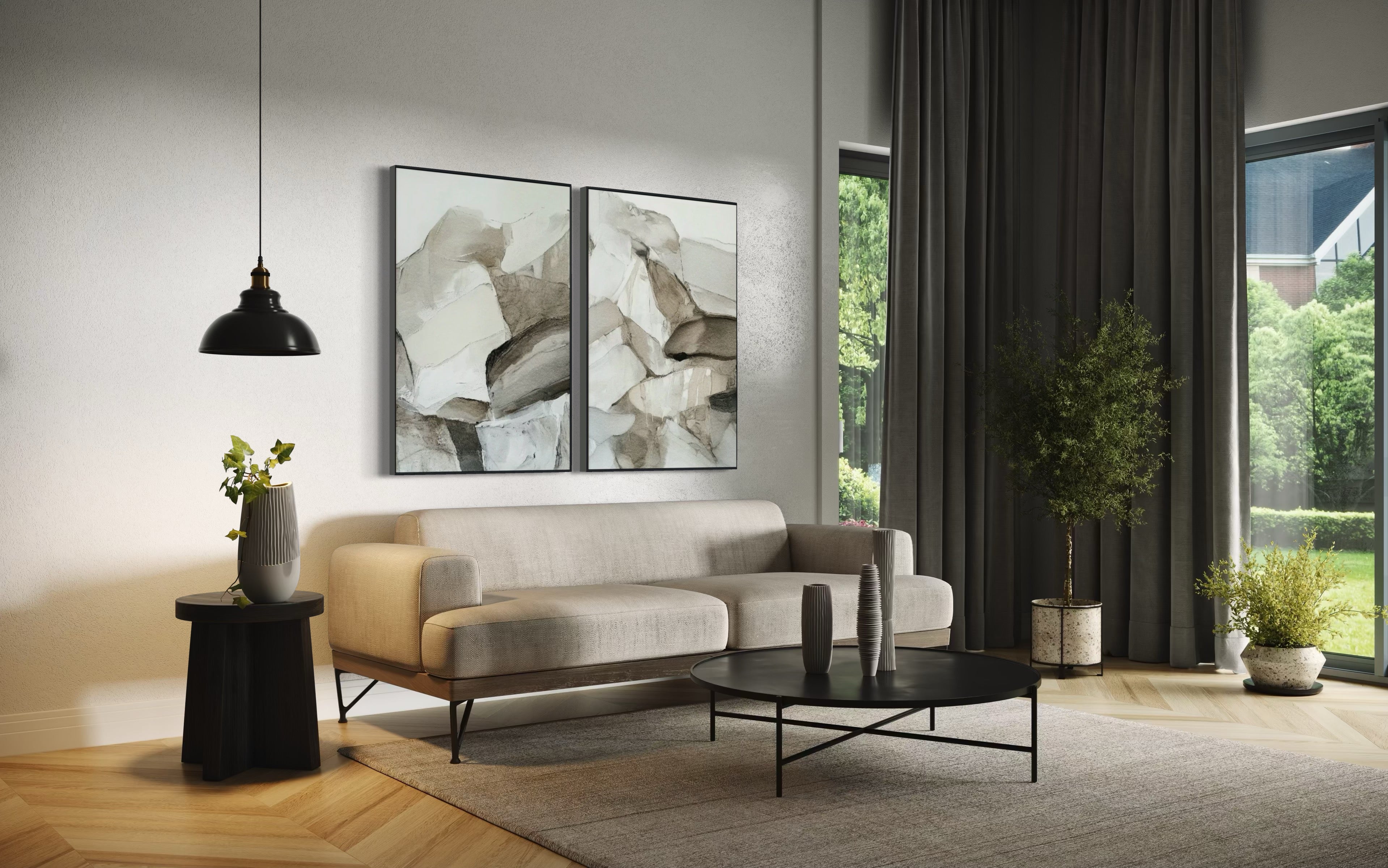 Set Cuadros Decorativos Abstracto Negro Arena 2 - 202 - Díptico Minimalista Estilo Boho Arte en tonos Neutros