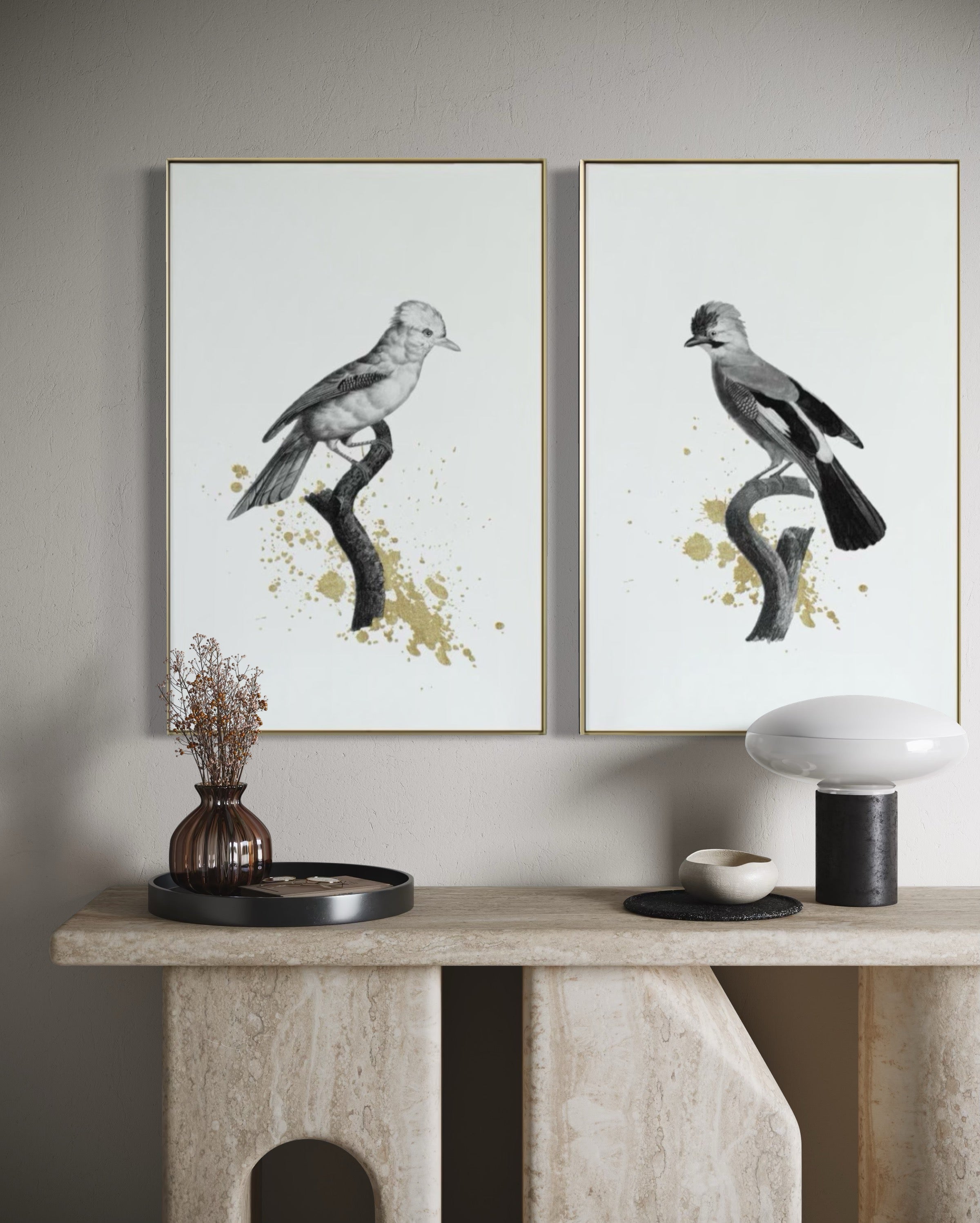 Set Cuadros Decorativos Abstracto Negro Arena 2 - 264 - Diptico Boceto de Pájaros Arte de Aves En Blanco, Negro y Dorado Oro