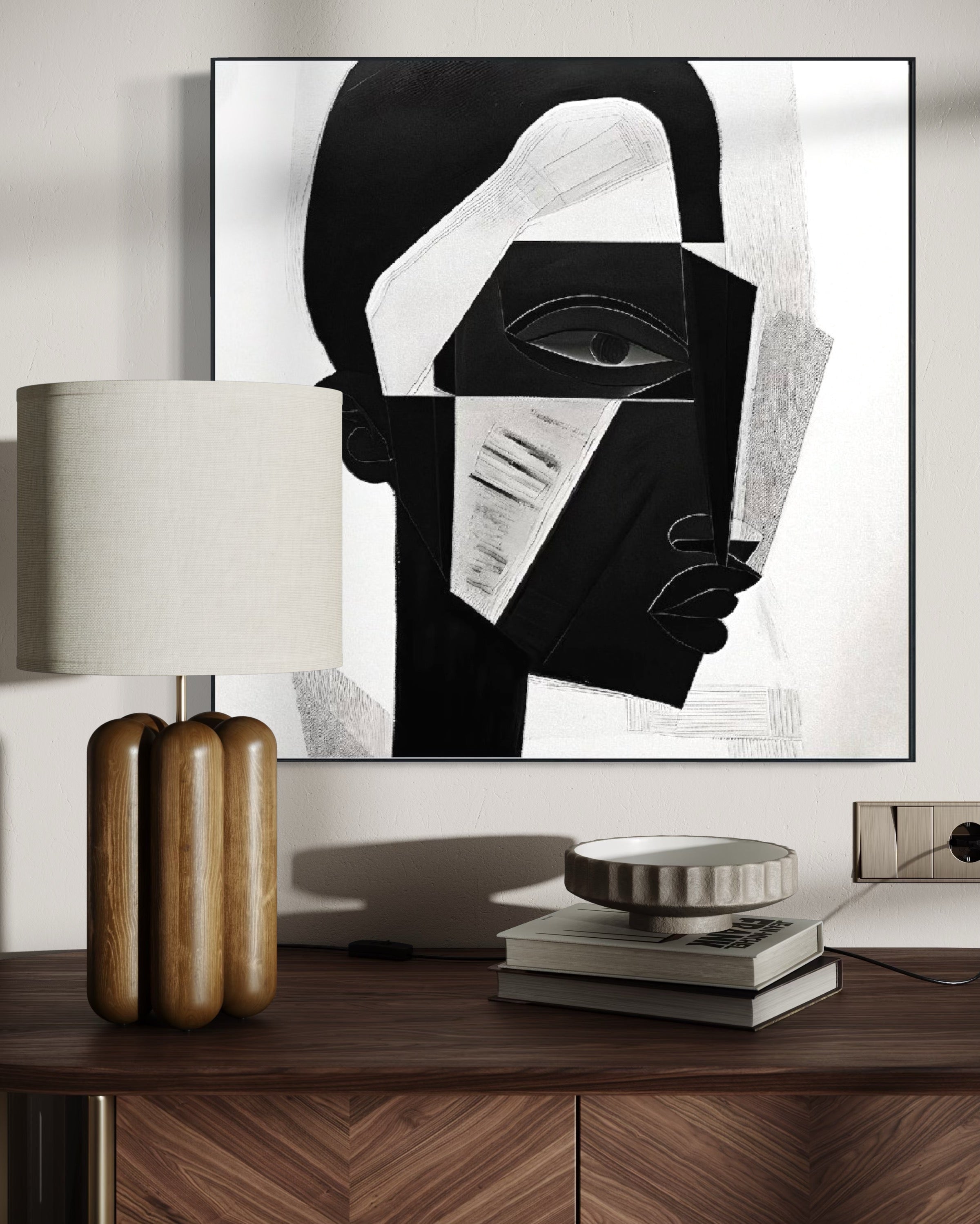 Cuadro Decorativo Abstracto Negro Arena 2-228 Rostro Moderno Cubismo Estilo Nordico Arte Minimalista