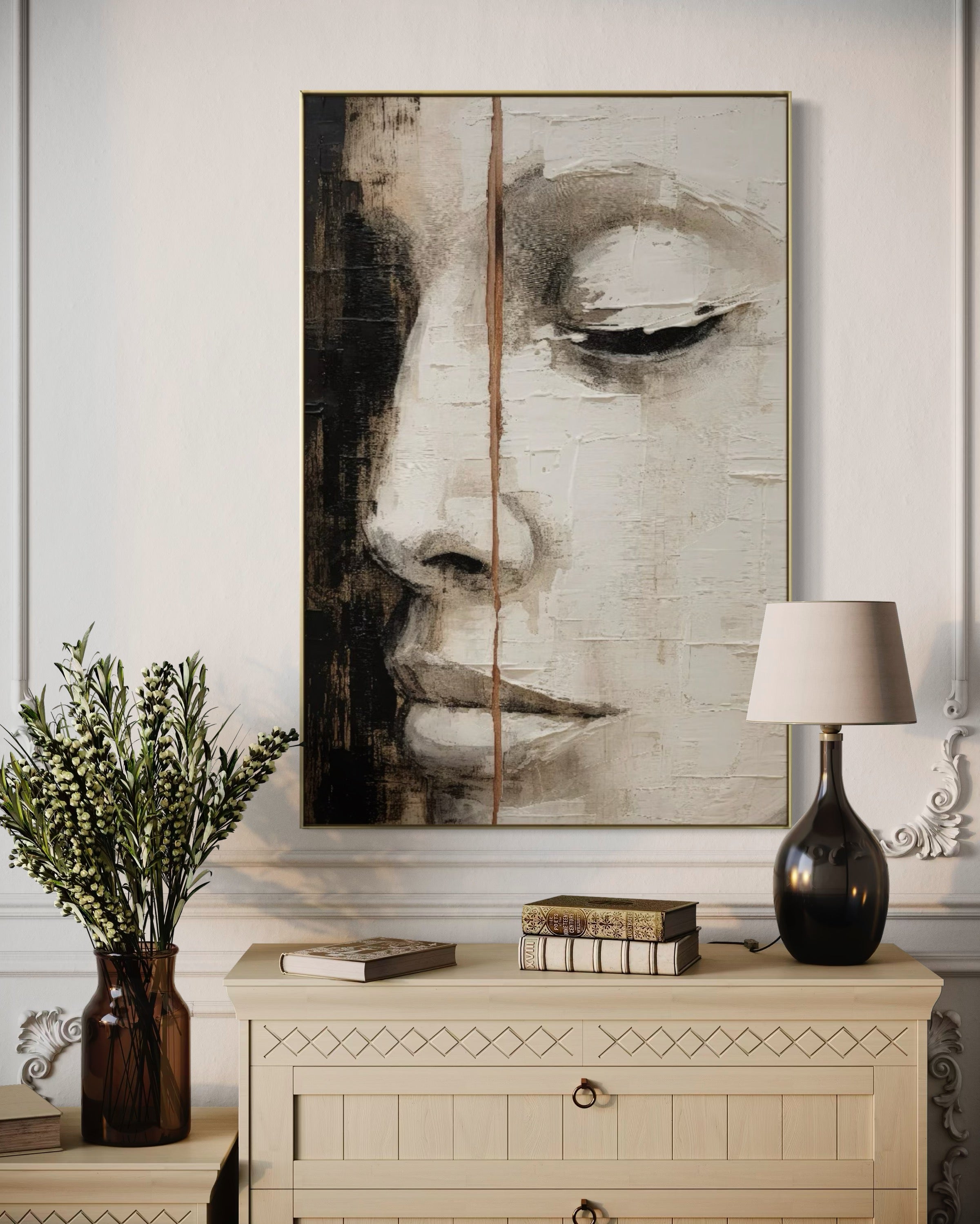 Cuadro Decorativo Abstracto Negro Arena 2-210 Rostro de Mujer Zen Arte Moderno y Elegante Cara estilo Boho