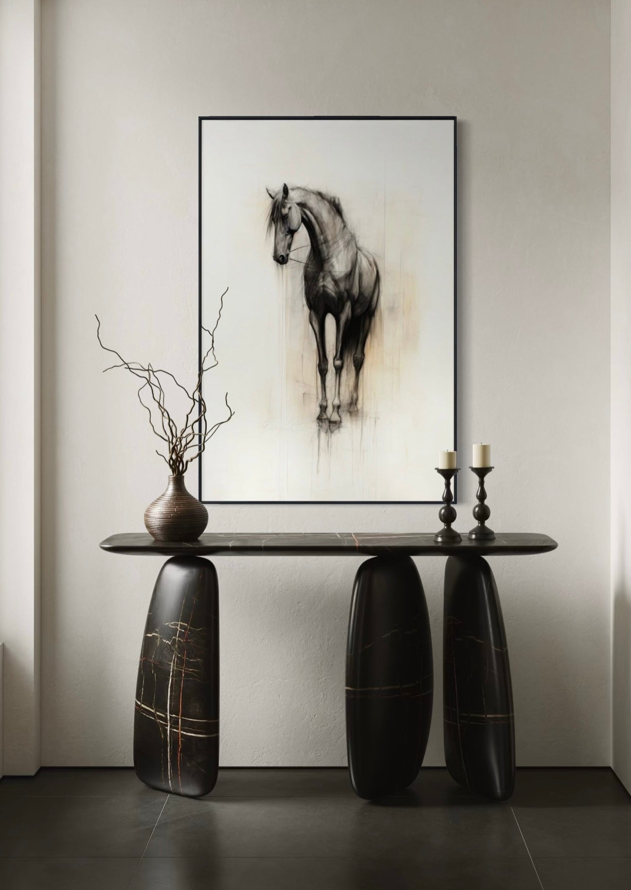 Cuadro Decorativo Abstracto Negro Arena 2 - 260 - Boceto de Caballo Negro Ate Moderno y Minimalista Estilo Nordico Tonos Neutros