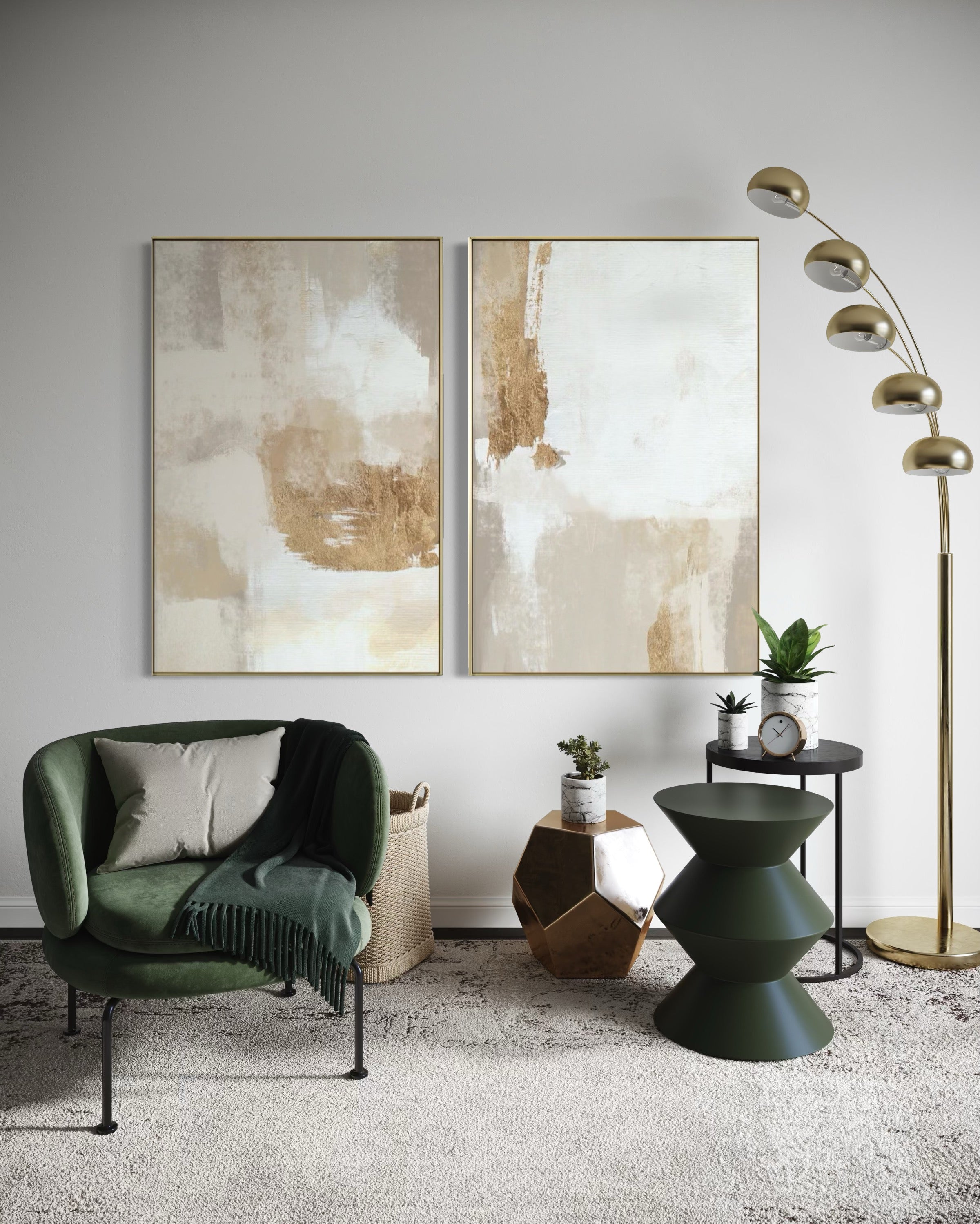 Set Cuadros Decorativos Abstracto Negro Arena 2 - 279 - Diptico Moderno y Elegante Arte Estilo Boho en Blanco, Beige y Dorado Oro