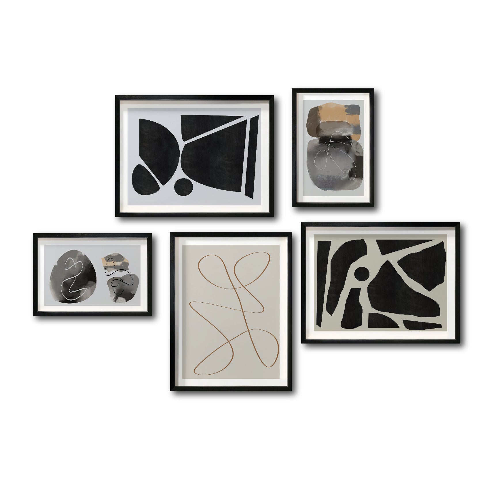 Set 5 Cuadros Decorativos Abstracto Negro Arena 071 - Para Credenza