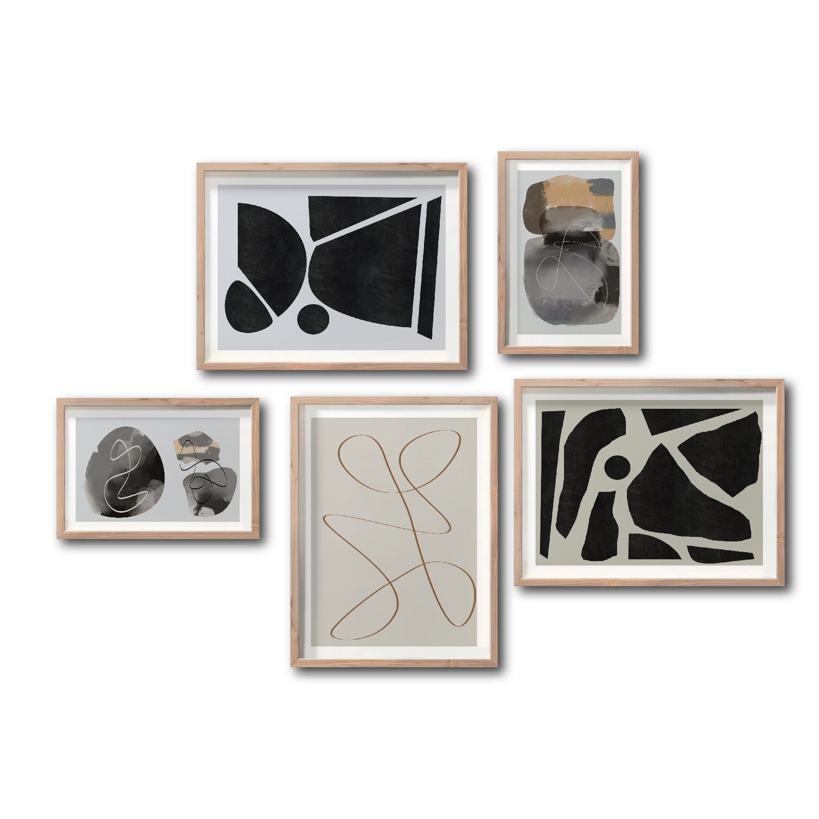 Set 5 Cuadros Decorativos Abstracto Negro Arena 071 - Para Credenza