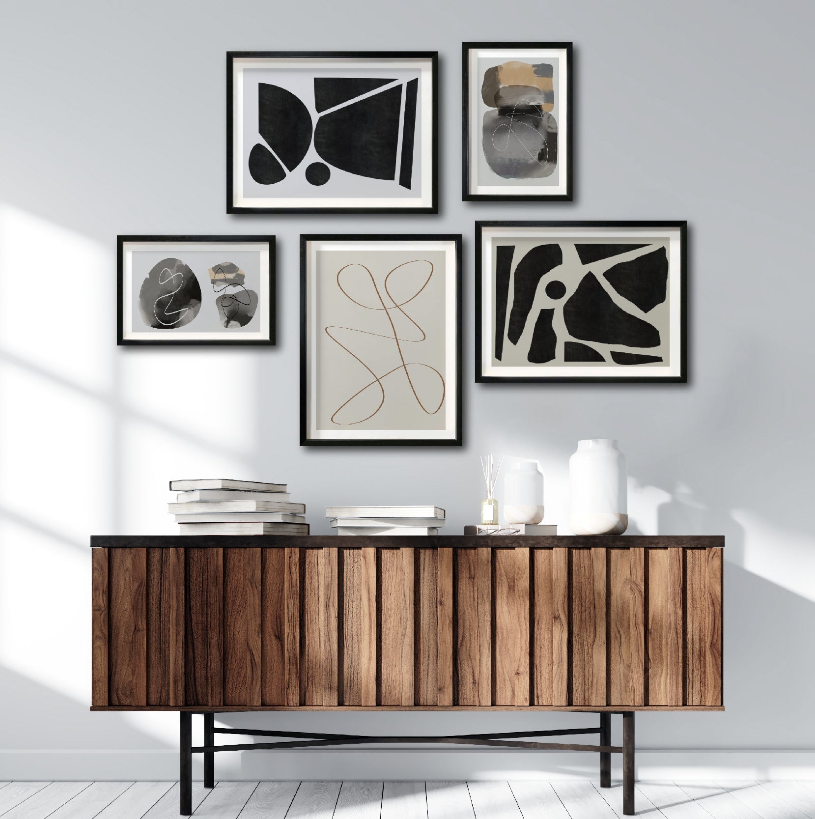 Set 5 Cuadros Decorativos Abstracto Negro Arena 071 - Para Credenza