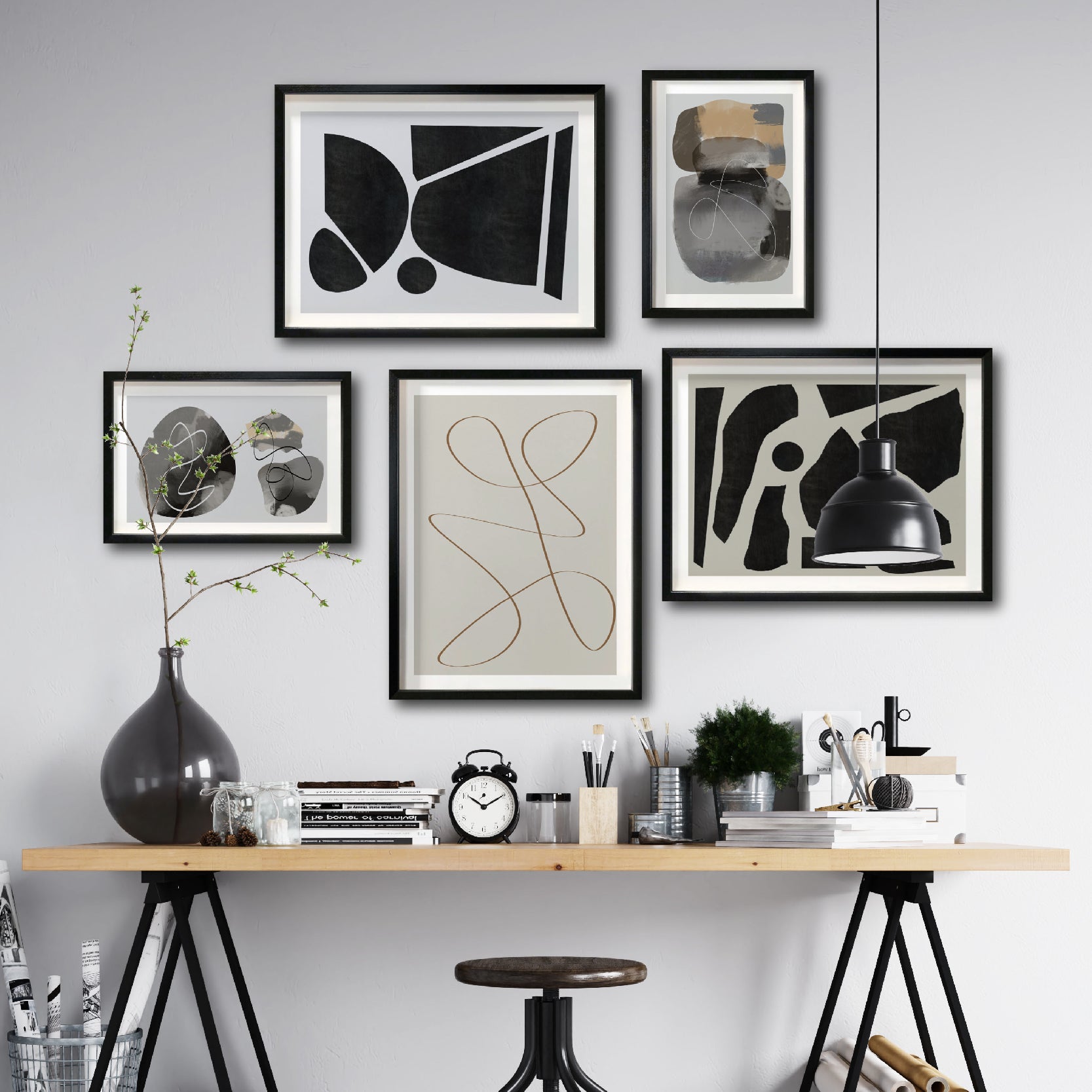Set 5 Cuadros Decorativos Abstracto Negro Arena 071 - Para Credenza