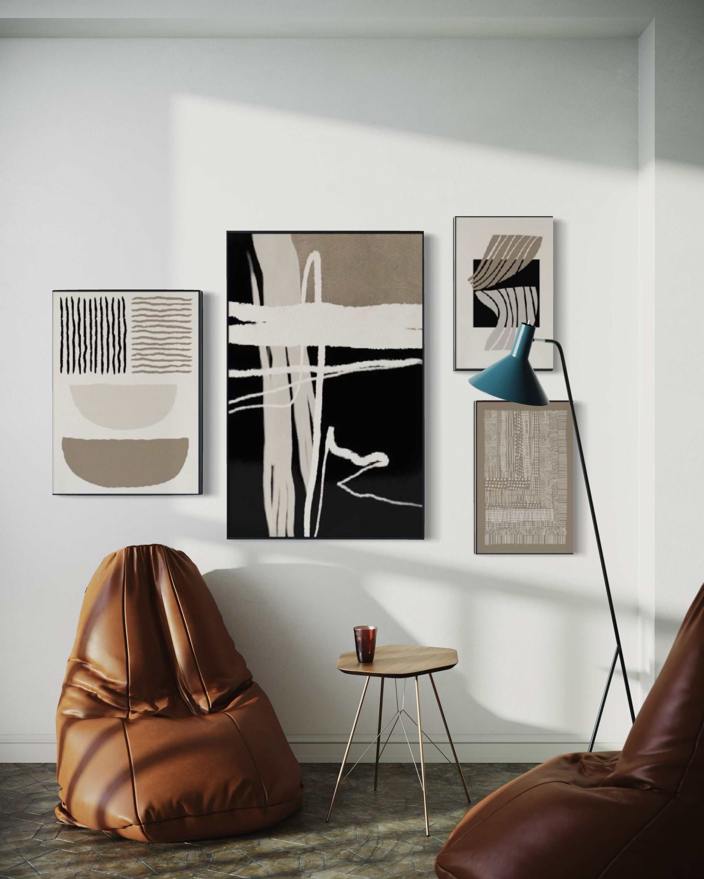 Set Cuadros Decorativos Abstracto Negro Arena 2-218 B - 4piezas Minimalistas Arte Moderno Estilo Nordico en Tonos Neutros