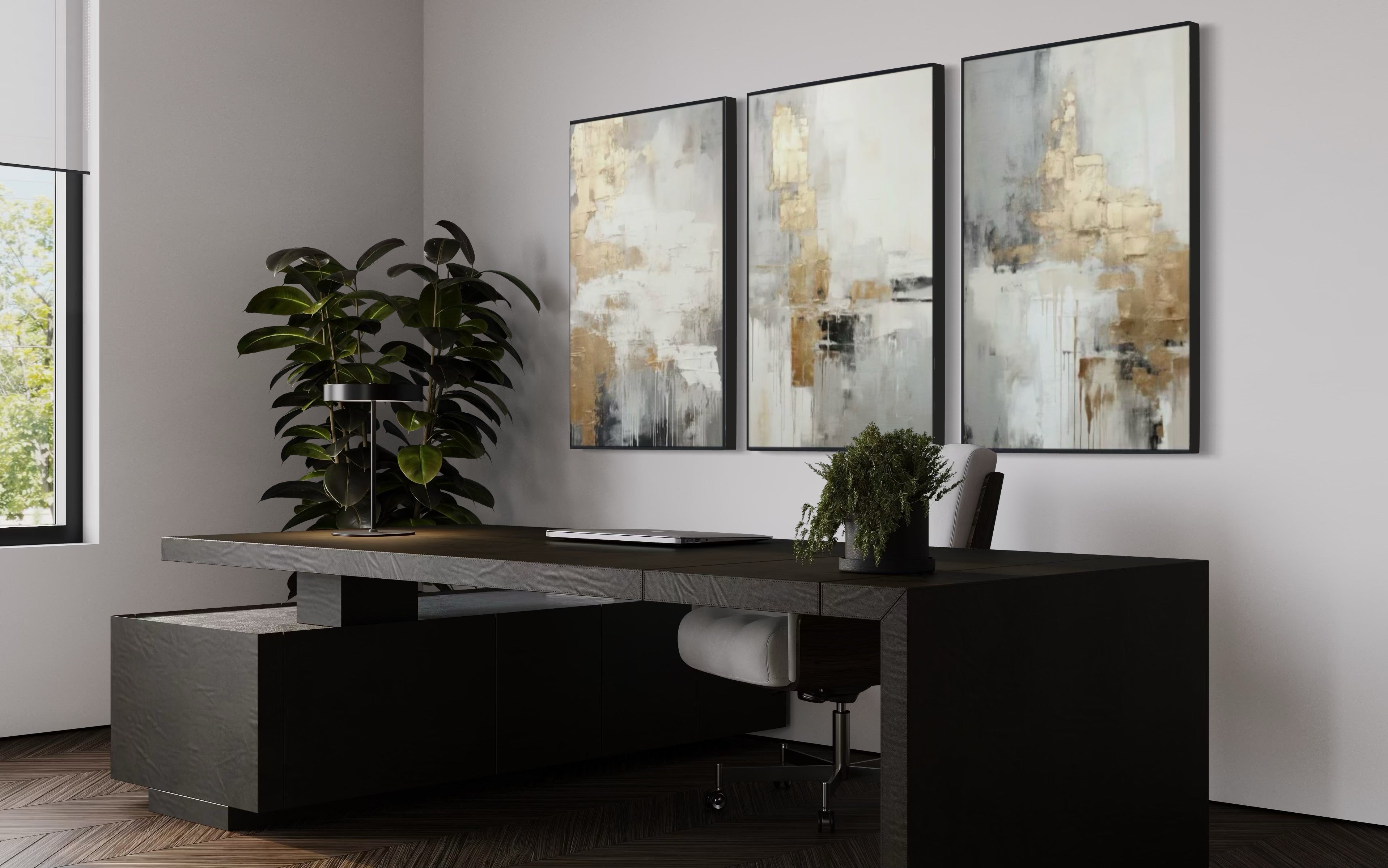 Set Cuadros Decorativos Abstracto Negro Arena 2-271 -Triptico  Moderno y Elegante en Tonos Negro, Gris, Beige y Dorado Oro