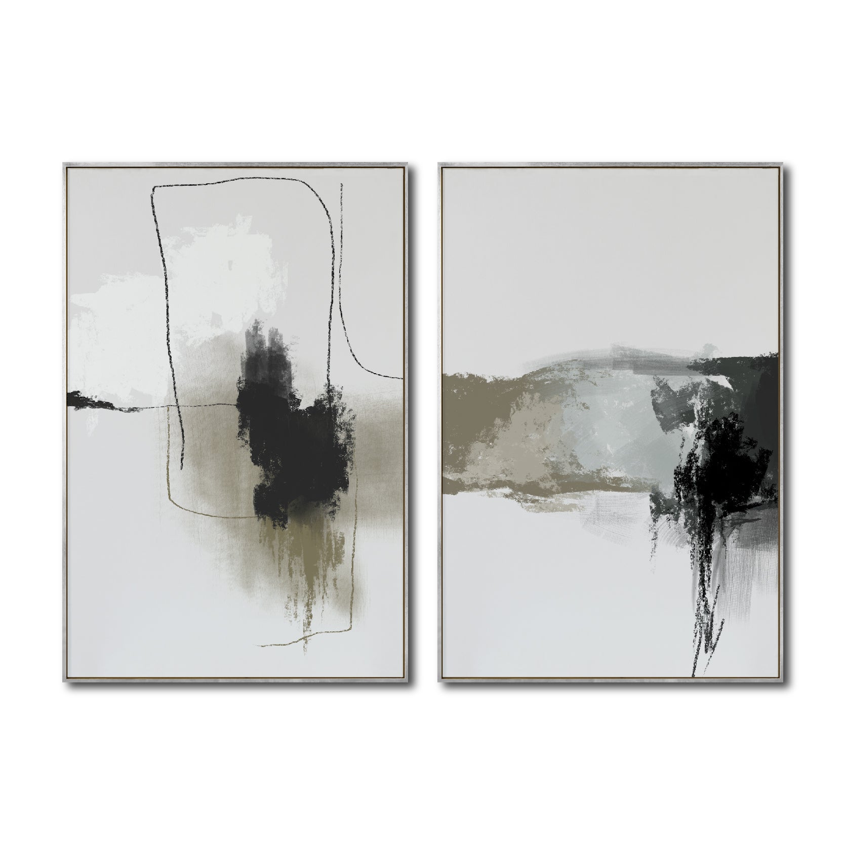 Set 2 Cuadros Decorativos Abstracto Negro Arena 072 ac - Para Credenza
