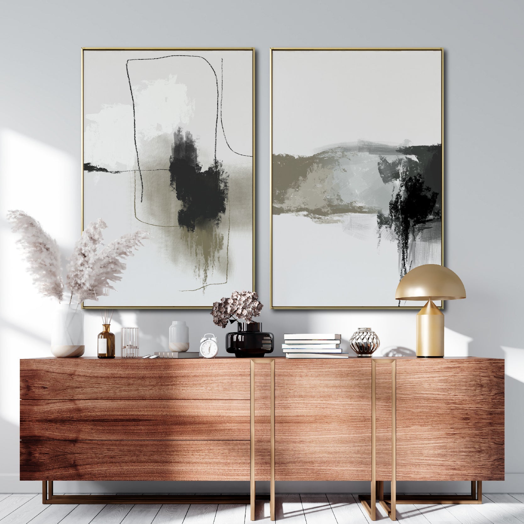 Set 2 Cuadros Decorativos Abstracto Negro Arena 072 ac - Para Credenza