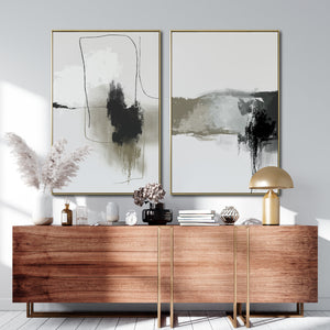 Set 2 Cuadros Decorativos Abstracto Negro Arena 072 ac - Para Credenza