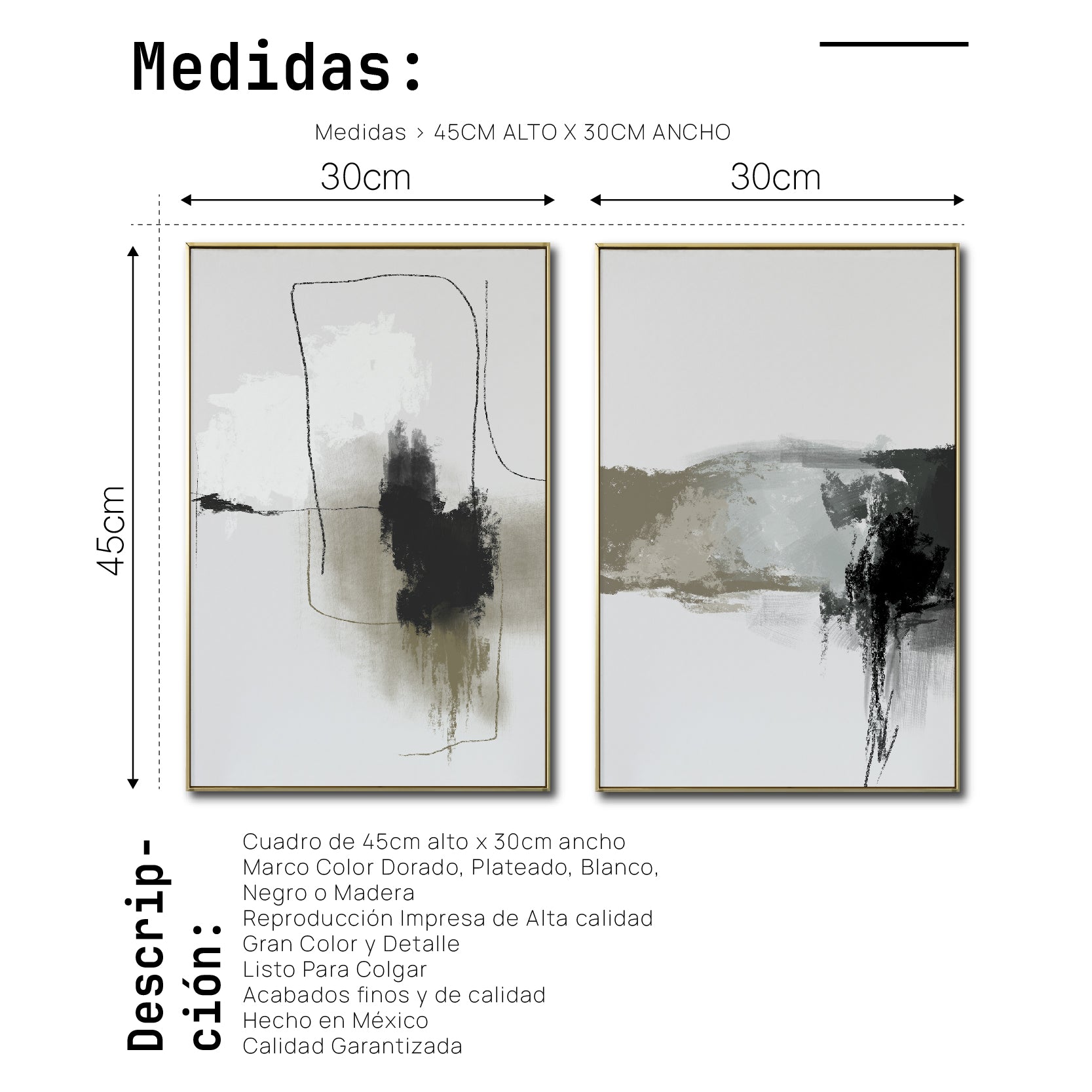 Set 2 Cuadros Decorativos Abstracto Negro Arena 072 ac - Para Credenza