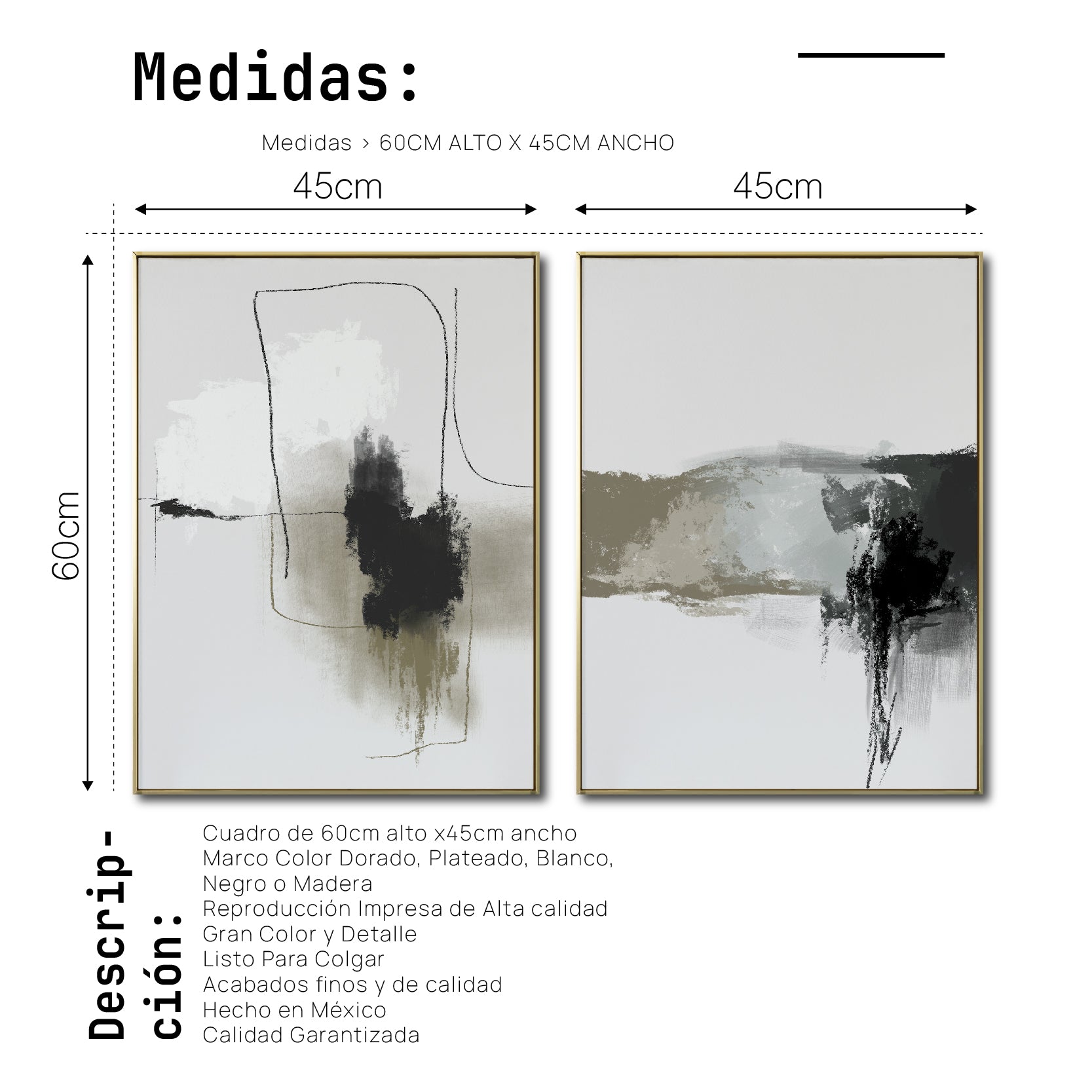 Set 2 Cuadros Decorativos Abstracto Negro Arena 072 ac - Para Credenza