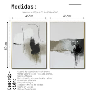 Set 2 Cuadros Decorativos Abstracto Negro Arena 072 ac - Para Credenza