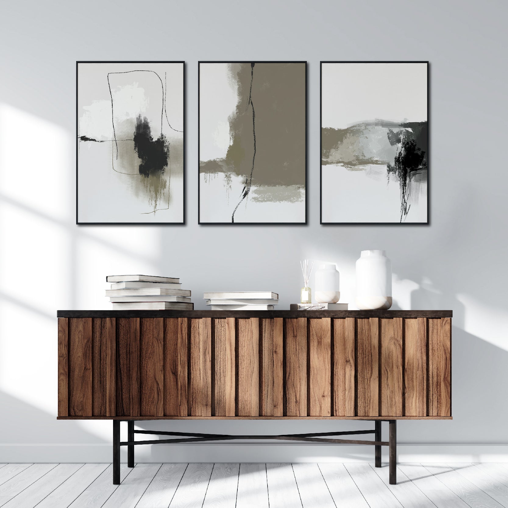 Set de 3 Cuadros Decorativos Abstracto Negro Arena 072 abc - Para Credenza