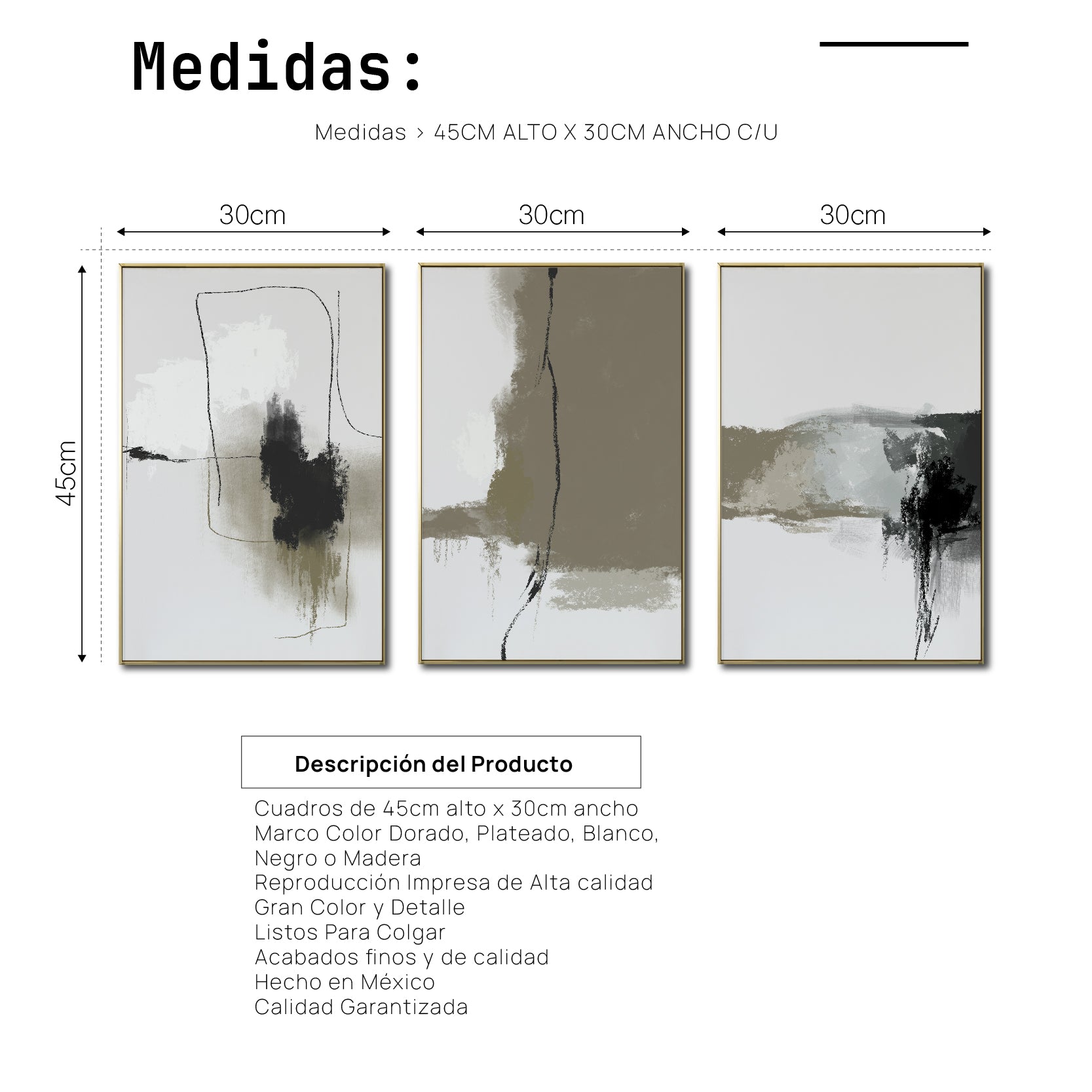 Set de 3 Cuadros Decorativos Abstracto Negro Arena 072 abc - Para Credenza