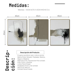 Set de 3 Cuadros Decorativos Abstracto Negro Arena 072 abc - Para Credenza