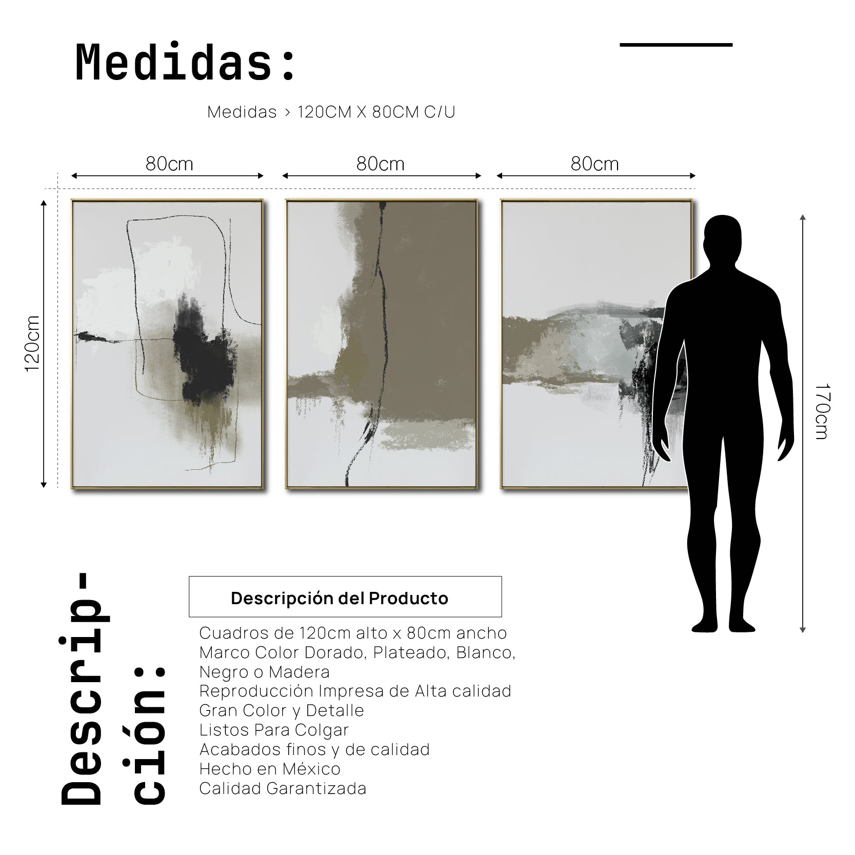 Set de 3 Cuadros Decorativos Abstracto Negro Arena 072 abc - Para Credenza