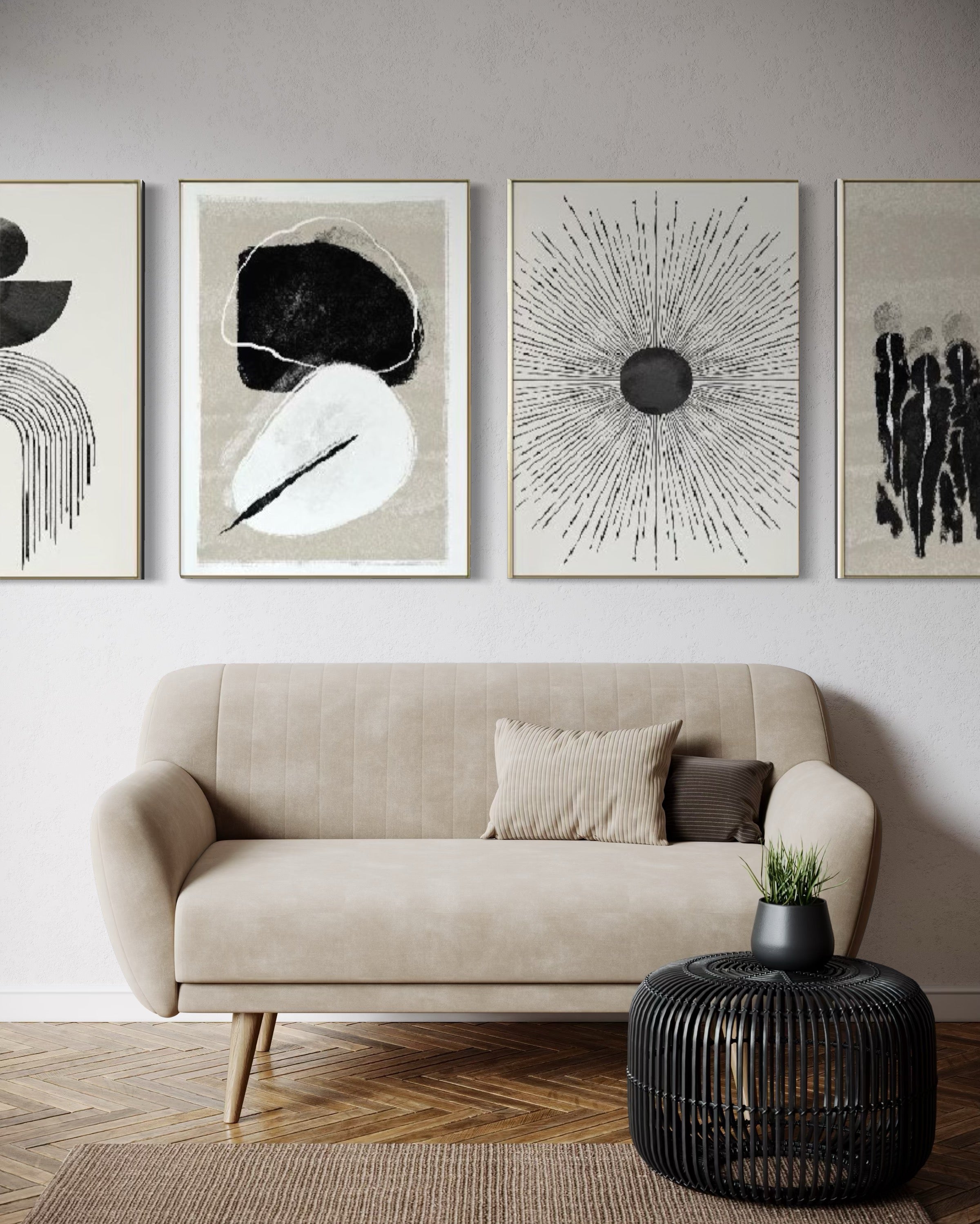 Set Cuadros Decorativos Abstracto Negro Arena 2 - 226C - 4piezas Arte Moderno y Elegante Estilo Nordico Boho en Tonos Neutros