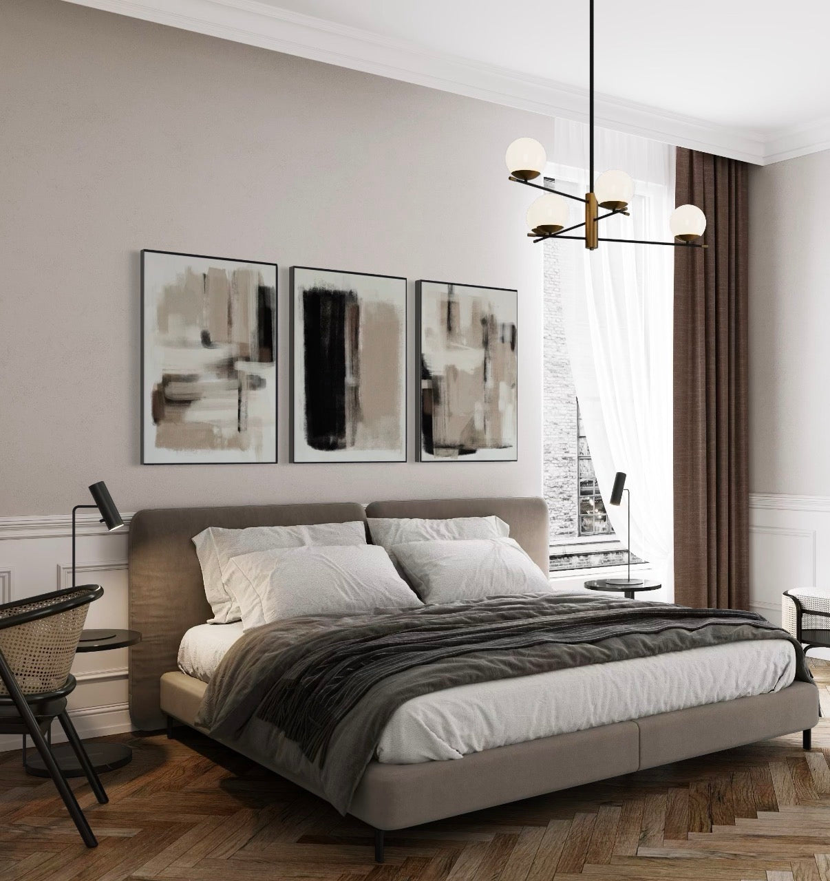 Set Cuadros Decorativos Abstracto Negro Arena 2 - 204 - Triptico Moderno Arte Minimalista estilo Nordico Boho en Tonos Neutros