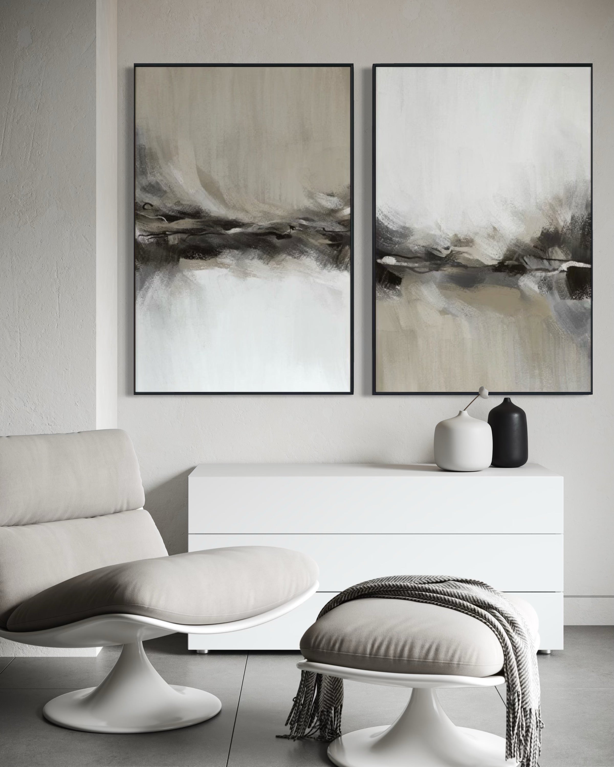 Set Cuadros Decorativos Abstracto Negro Arena 2 - 238 - Diptico Moderno y Elegante Arte Estilo Nordico Tonos Neutros