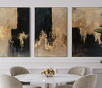 Cargar imagen en el visor de la galería, Set Cuadros Decorativos Abstracto Negro Arena 2-275- Triptico Moderno y Elegante en Negro, Beige y Dorado Oro
