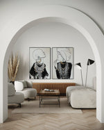 Cargar imagen en el visor de la galería, Set Cuadros Decorativos Abstracto Negro Arena 2 - 213 - Diptico Moderno Estilo Boho Mujeres Afro Arte Lineal En tonos Neutros y un toque de Dorado  Oro
