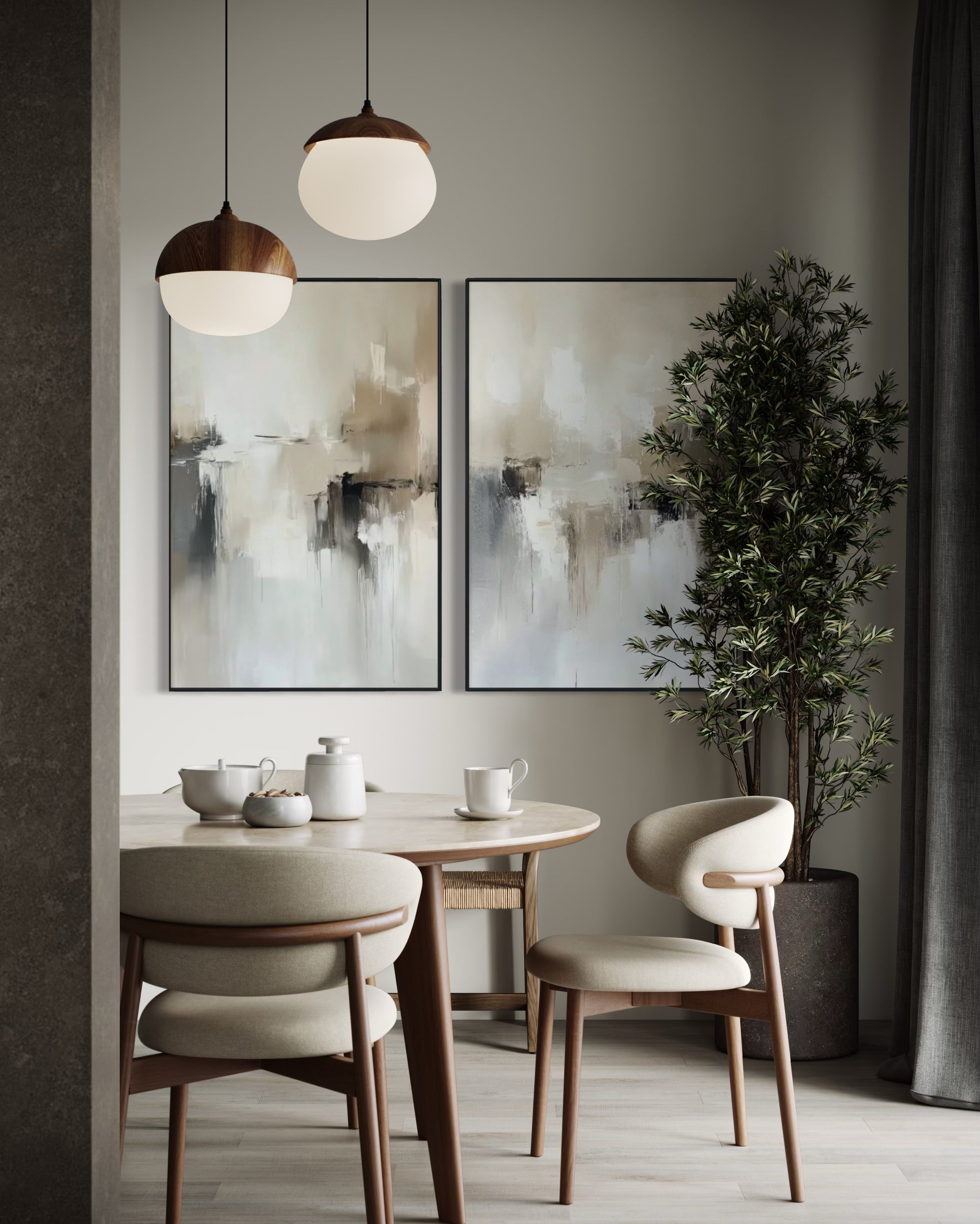 Set Cuadros Decorativos Abstracto Negro Arena 2 - 201 - Diptico Minimalista Estilo Nordico en Tonos Neutros