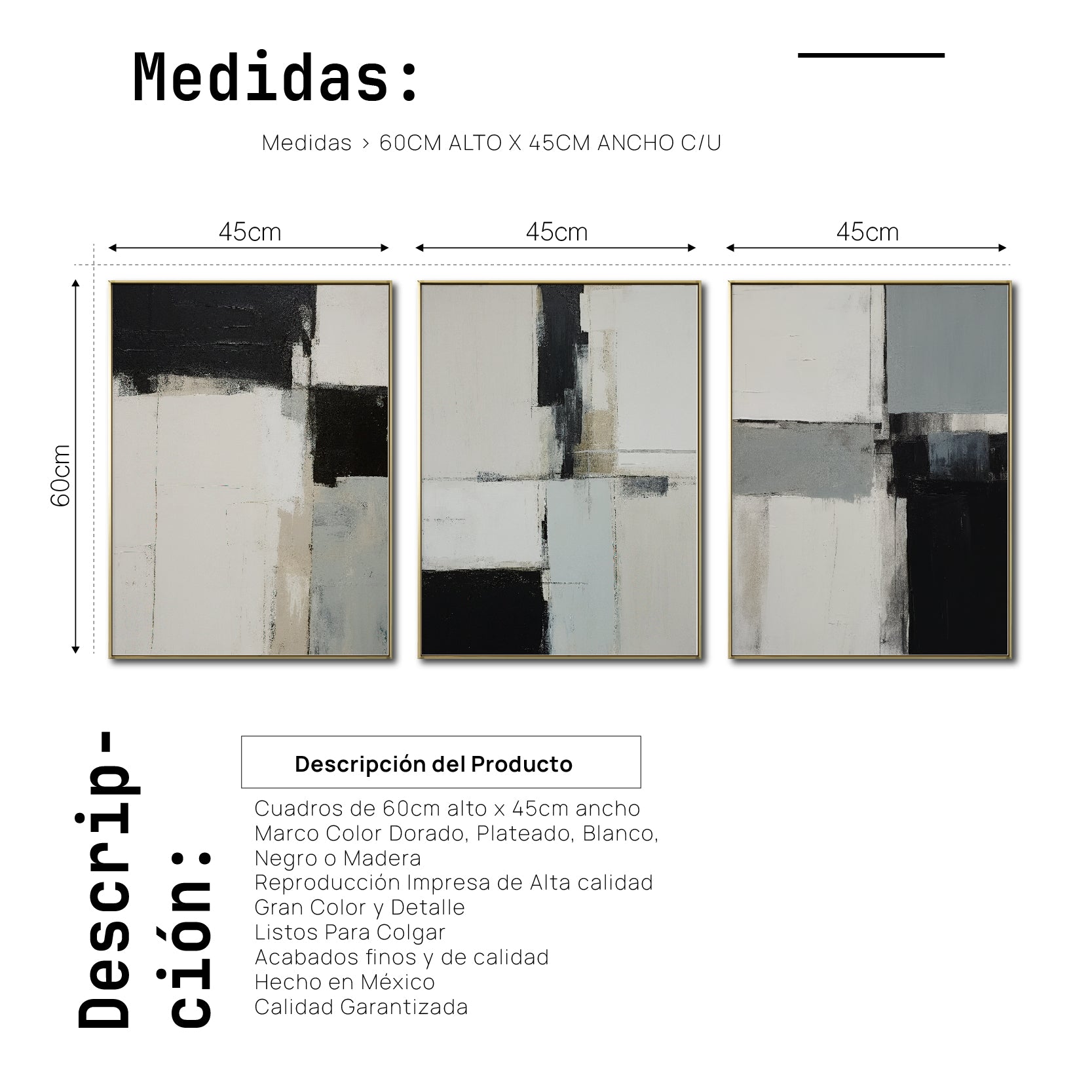 Set 3 Cuadros Decorativos Abstracto Negro Arena 074 abc