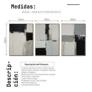 Set 3 Cuadros Decorativos Abstracto Negro Arena 074 abc