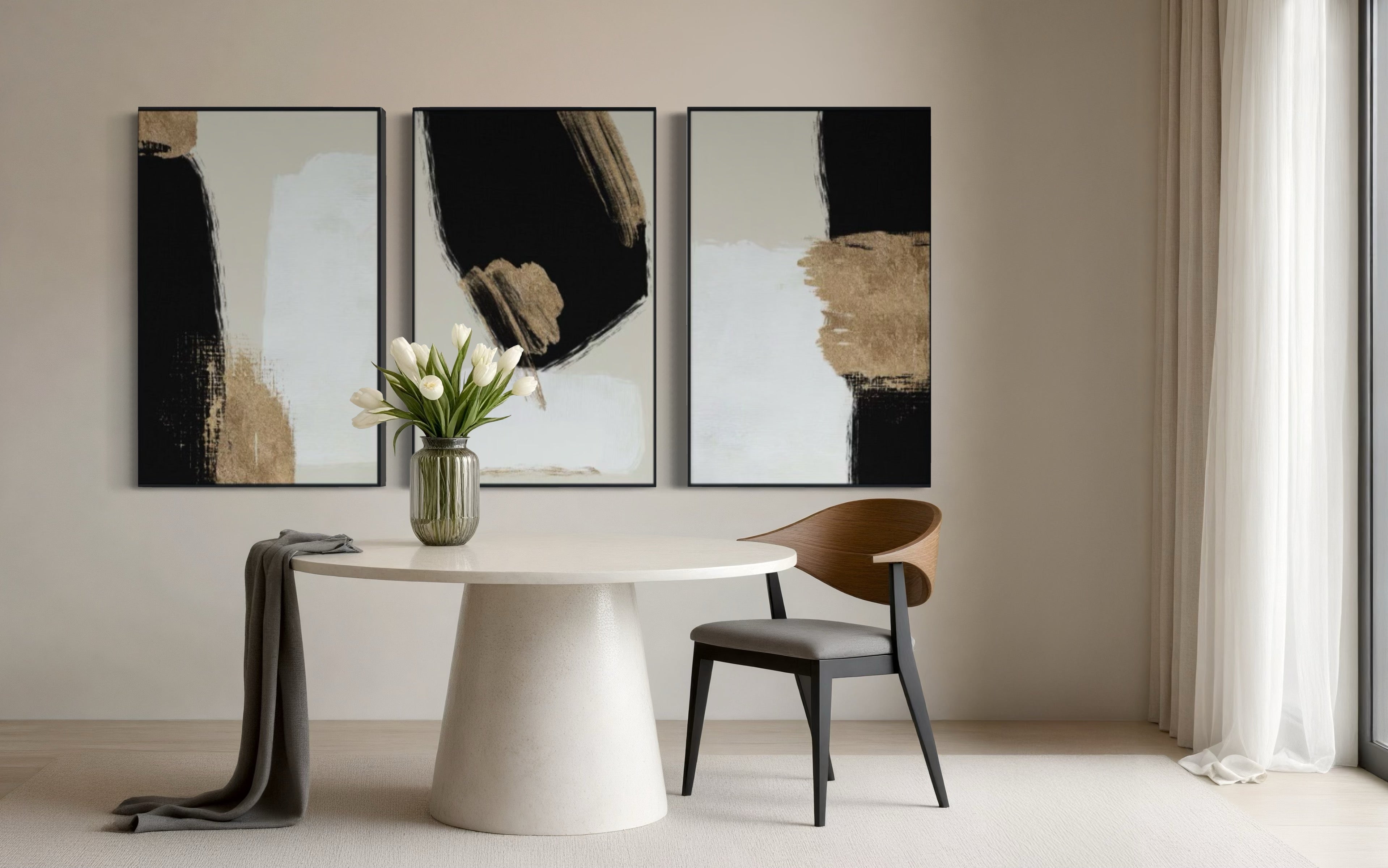 Set Cuadros Decorativos Abstracto Negro Arena 2 - 214 - Triptico Minimalista y Elegante Arte estilo Nordico en Tonos Beige, Negro, Blanco y Dorado Oro