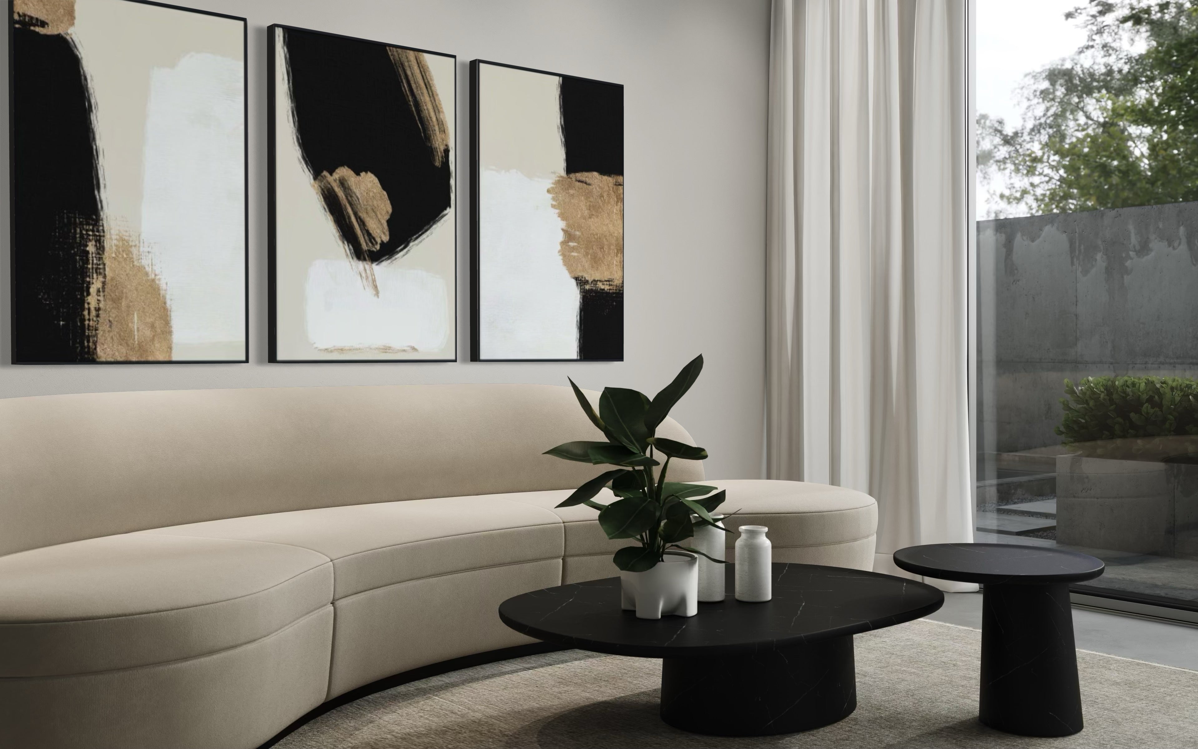 Set Cuadros Decorativos Abstracto Negro Arena 2 - 214 - Triptico Minimalista y Elegante Arte estilo Nordico en Tonos Beige, Negro, Blanco y Dorado Oro