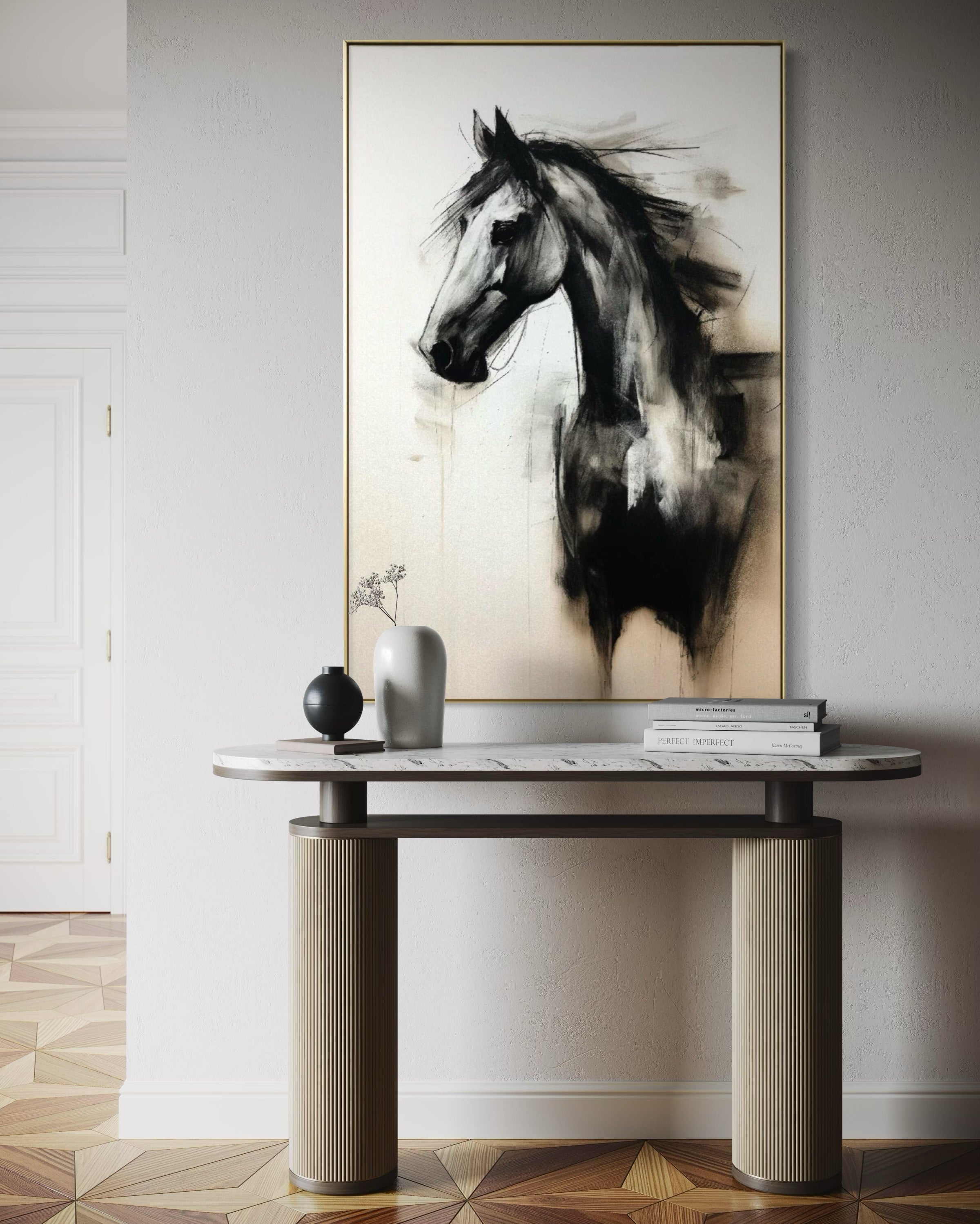 Cuadro Decorativo Abstracto Negro Arena 2- 258 -Boceto de Caballo Negro Arte Moderno en Tonos Neutros