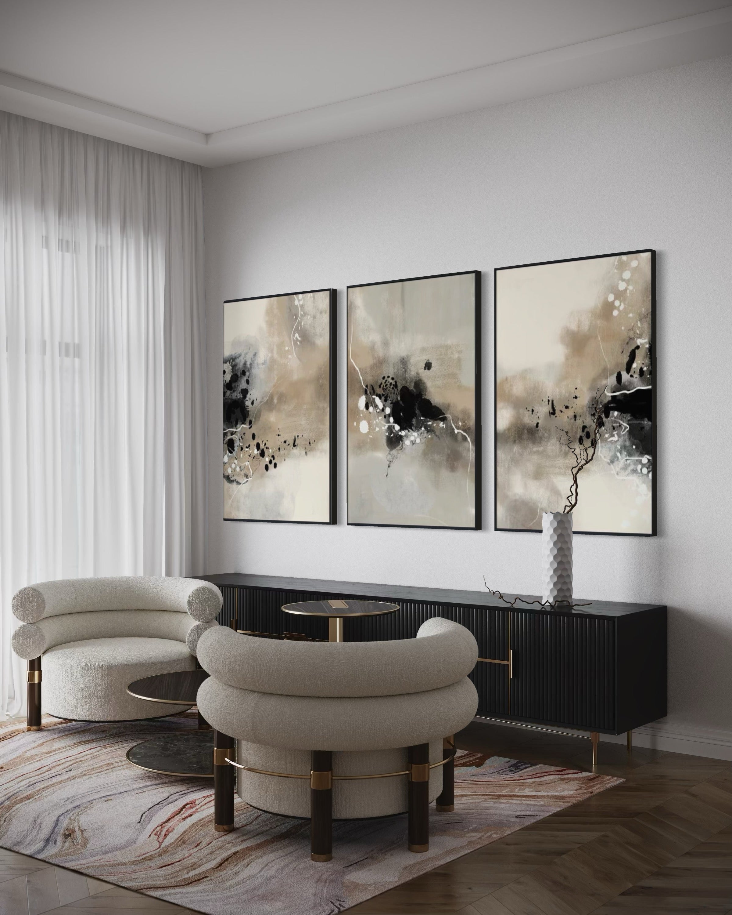 Set Cuadros Decorativos Abstracto Negro Arena 2-236- Tríptico Modernos y Elegante Estilo Boho en Tonos Neutros