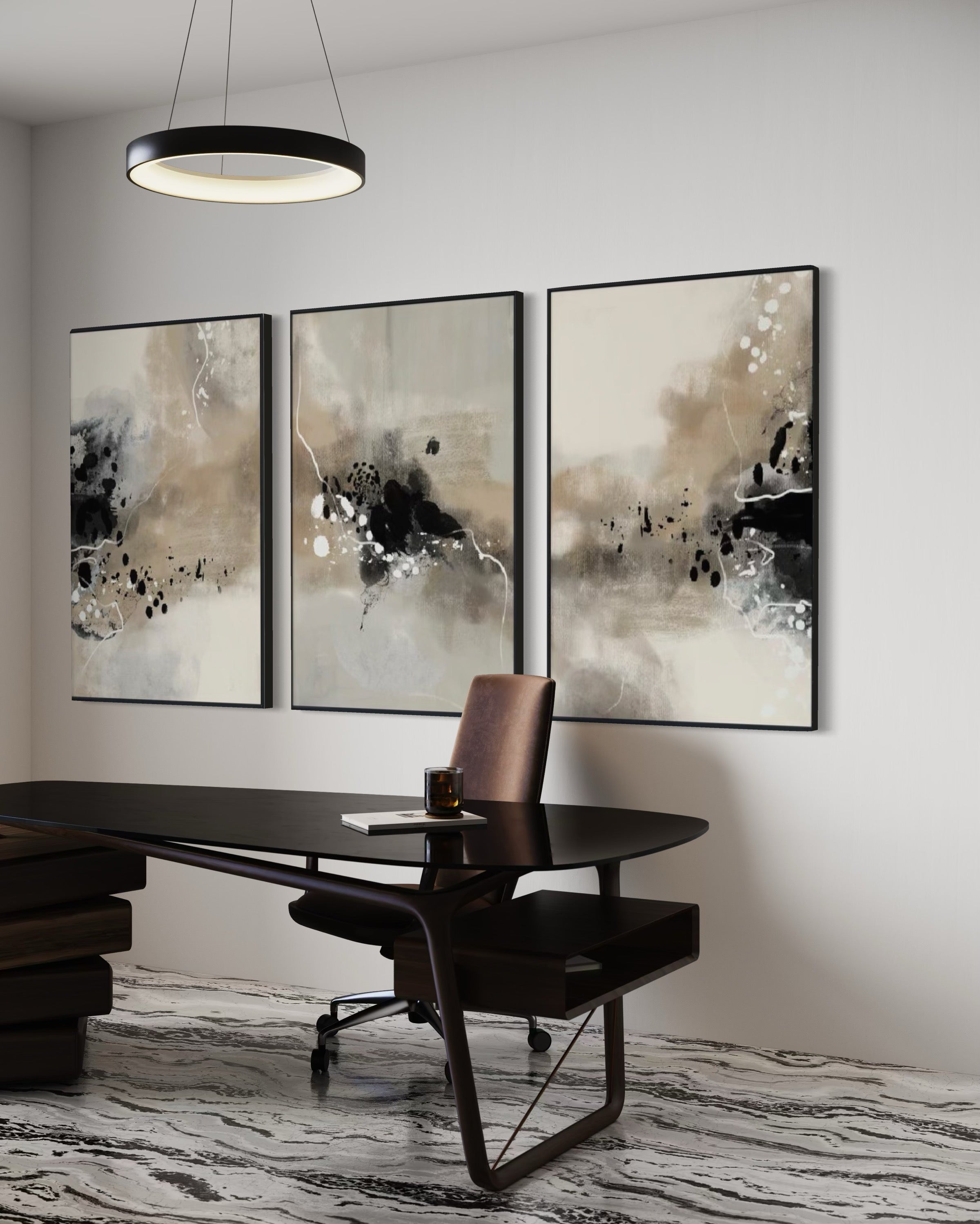 Set Cuadros Decorativos Abstracto Negro Arena 2-236- Tríptico Modernos y Elegante Estilo Boho en Tonos Neutros