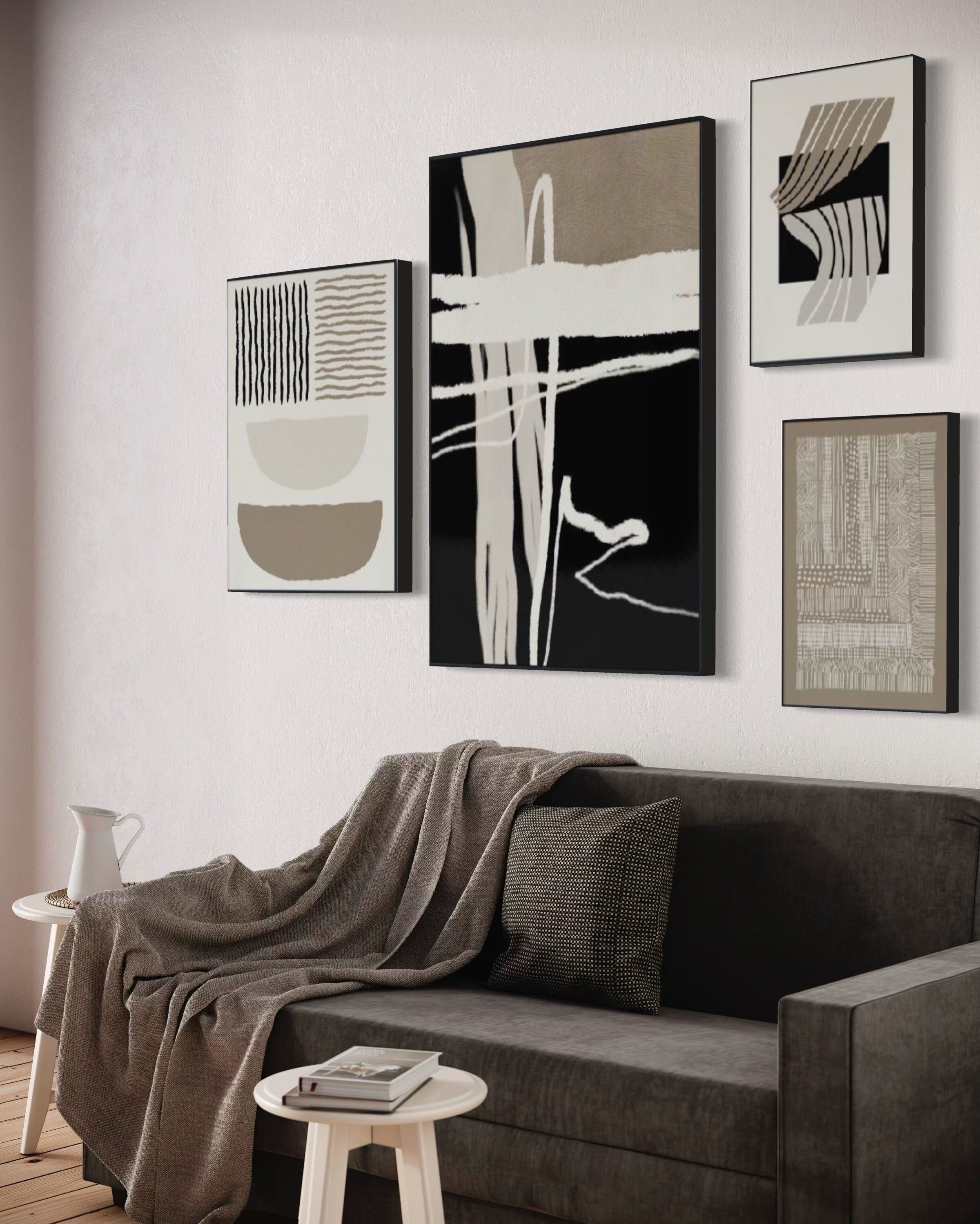 Set Cuadros Decorativos Abstracto Negro Arena 2-218 B - 4piezas Minimalistas Arte Moderno Estilo Nordico en Tonos Neutros