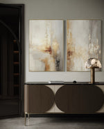 Cargar imagen en el visor de la galería, Set Cuadros Decorativos Abstracto Negro Arena 2 - 280 - Diptico Moderno y Elegante Arte Estilo Boho en Beige y Dorado Oro
