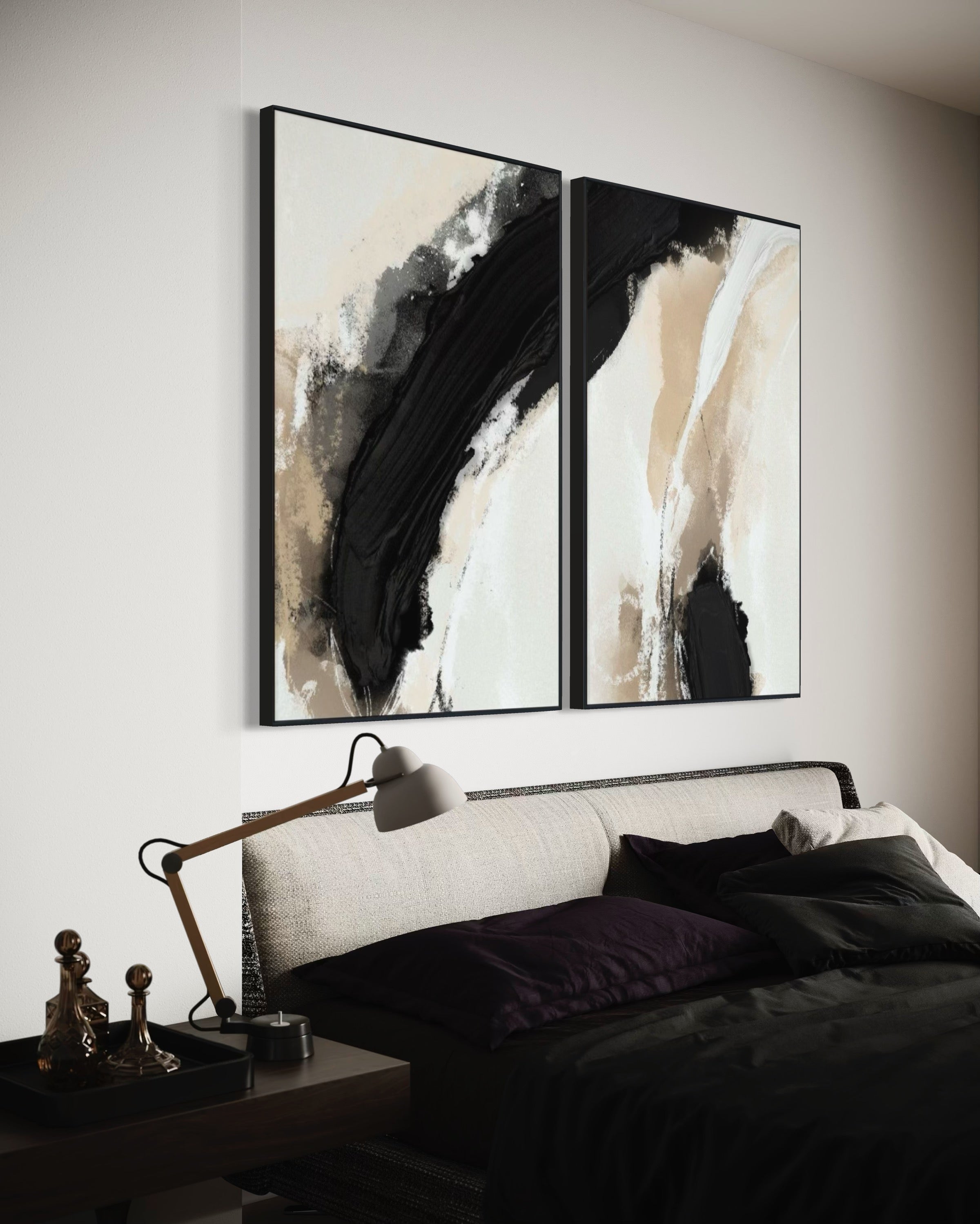 Set Cuadros Decorativos Abstracto Negro Arena 2 - 212 - Diptico Moderno y Minimalista en Tonos Negro y Beige Colores Neutros Estilo Nordico