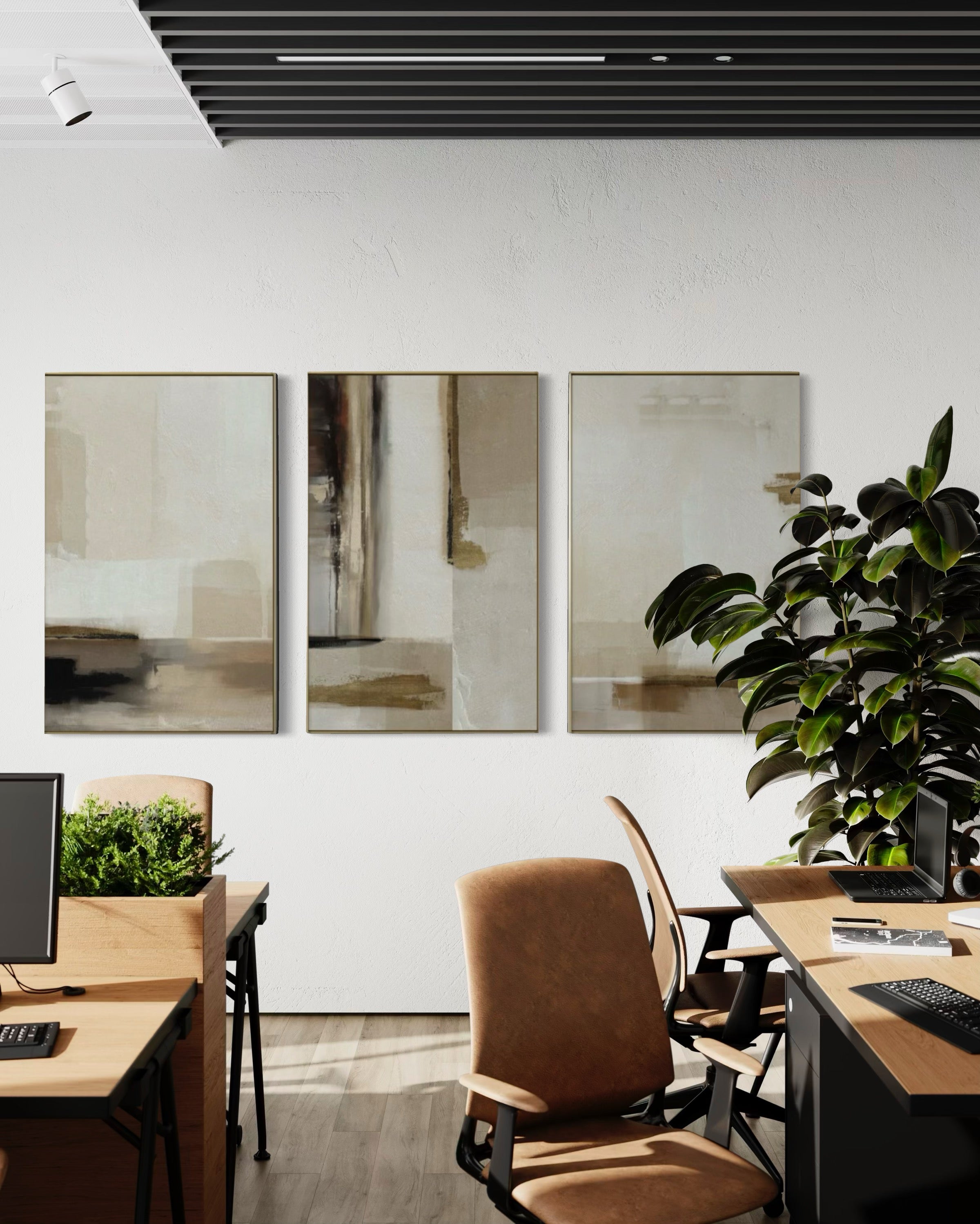 Set Cuadros Decorativos Abstracto Negro Arena 2 - 209 - Triptico Moderno y Elegante Arte Minimalista en Tonos Neutros