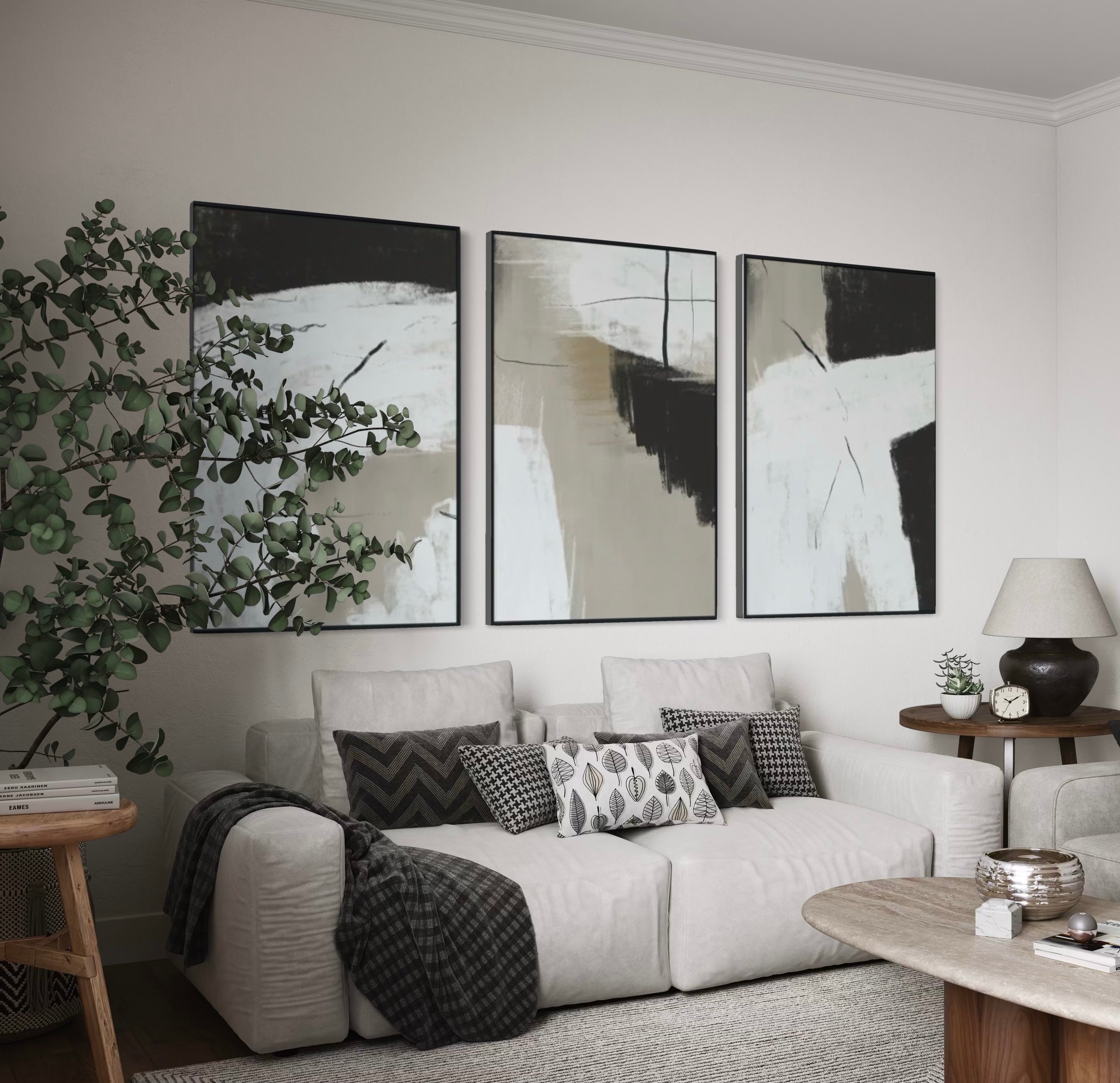 Set Cuadros Decorativos Abstracto Negro Arena 2 - 243 - Triptico Moderno y Elegante Estilo Nordico Boho Tonos Neutros