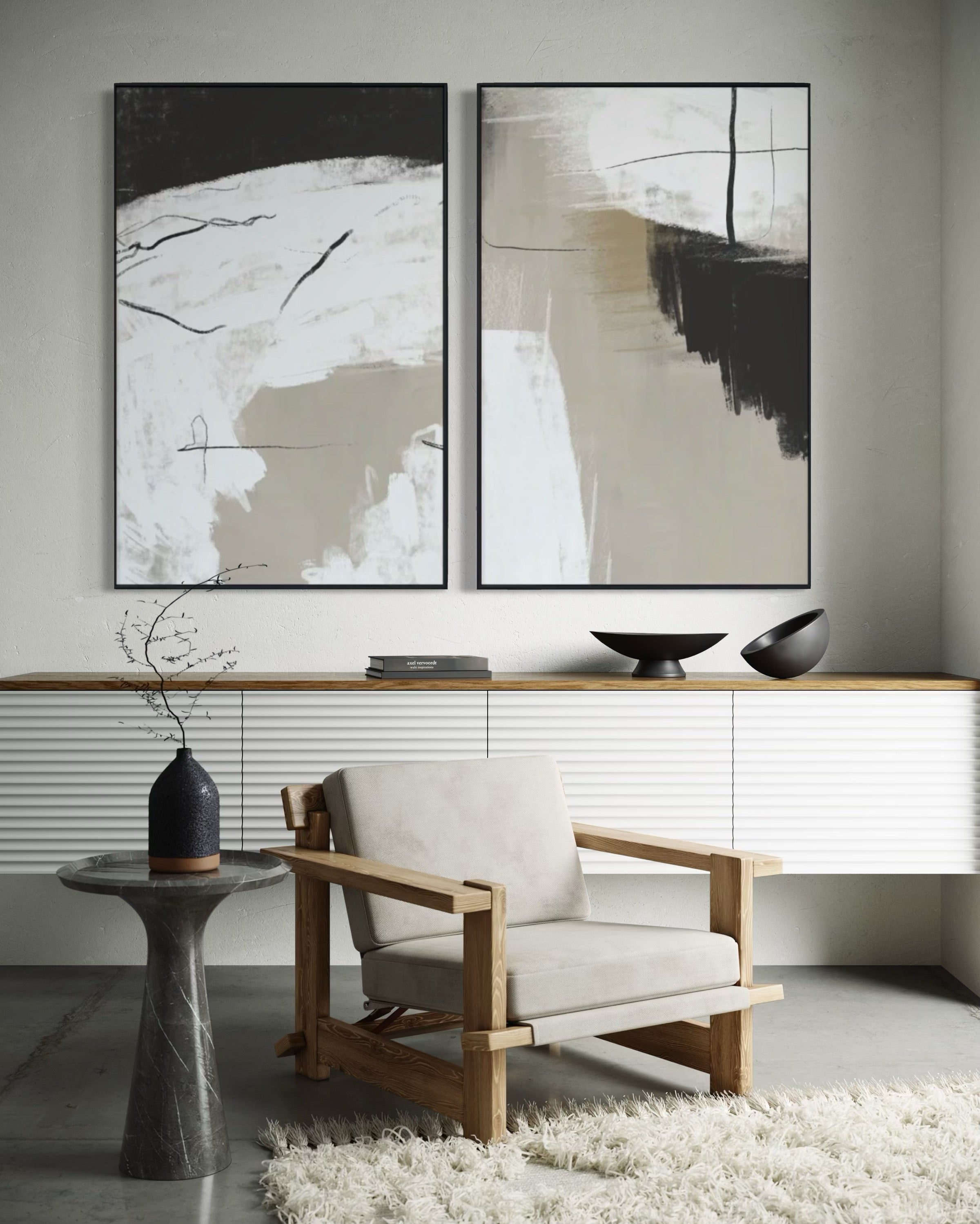 Set Cuadros Decorativos Abstracto Negro Arena  2 - 243 - Diptico Moderno Estilo Nordico Tonos Neutros