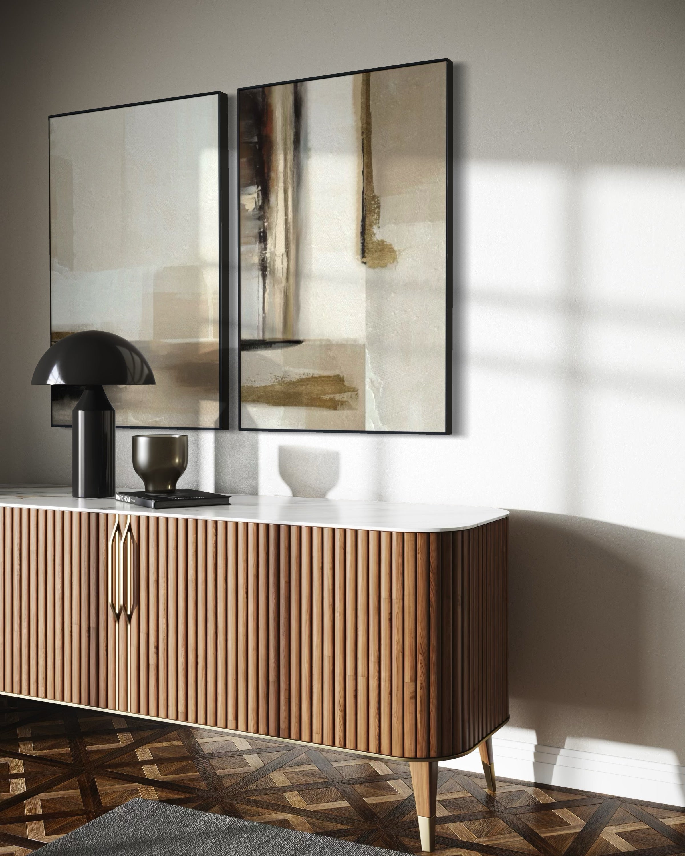 Set Cuadros Decorativos Abstracto Negro Arena 2 - 209 - Diptico Minimalista en Tonos Neutros Arte Estilo Nordico